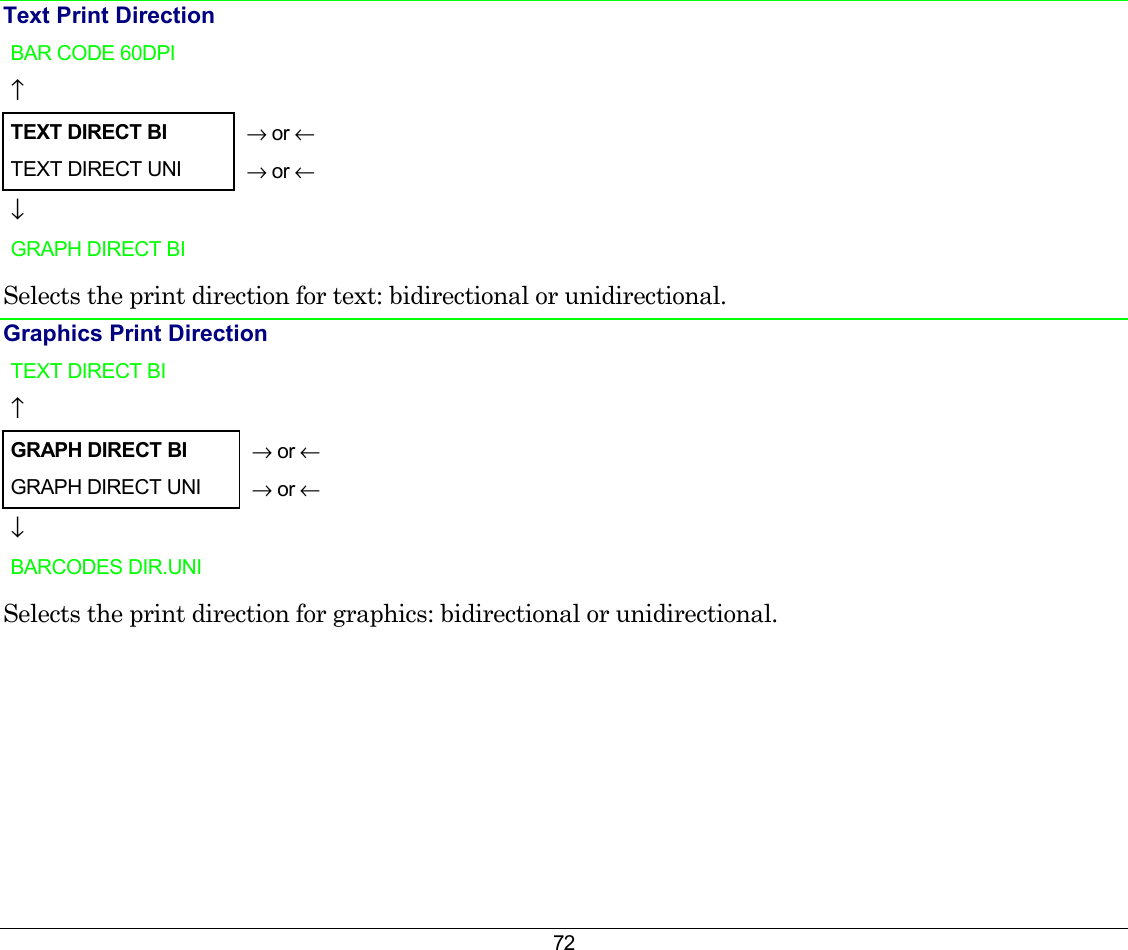 72 Text Print Direction BAR CODE 60DPI    ↑     TEXT DIRECT BI  → or ← TEXT DIRECT UNI   → or ← ↓   GRAPH DIRECT BI    Selects the print direction for text: bidirectional or unidirectional. Graphics Print Direction TEXT DIRECT BI    ↑     GRAPH DIRECT BI  → or ← GRAPH DIRECT UNI   → or ← ↓   BARCODES DIR.UNI   Selects the print direction for graphics: bidirectional or unidirectional. 