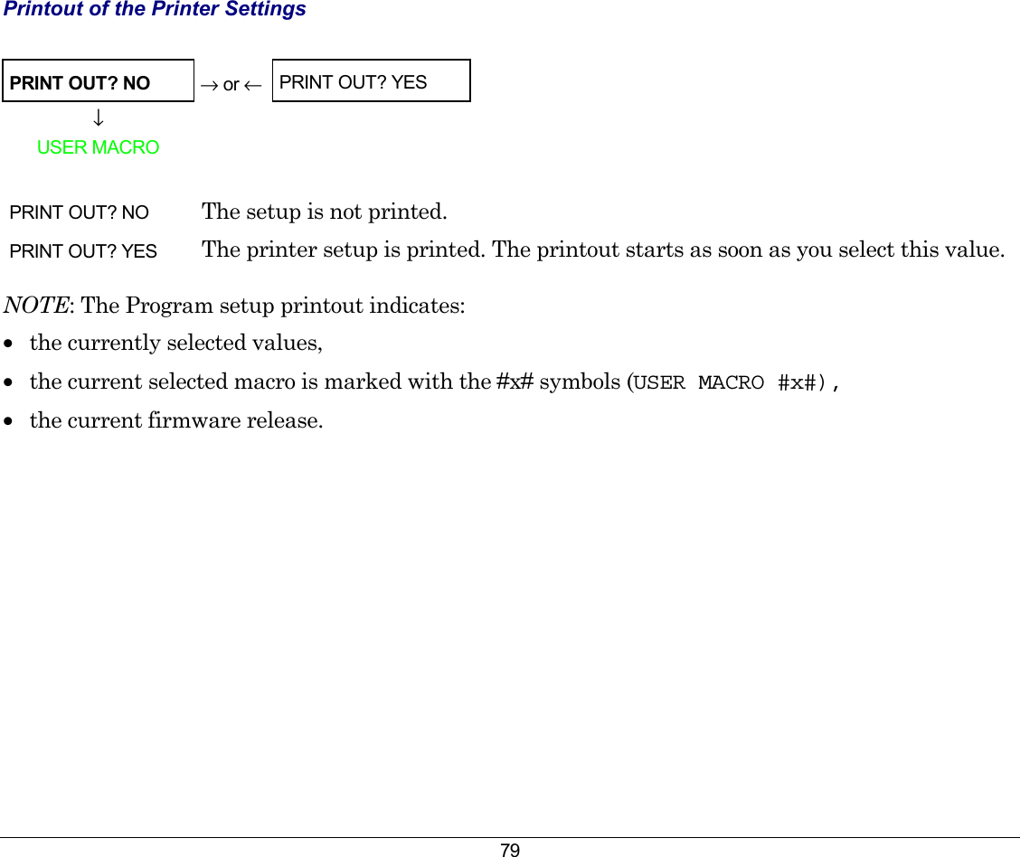 79 Printout of the Printer Settings  PRINT OUT? NO → or ← PRINT OUT? YES ↓   USER MACRO      PRINT OUT? NO  The setup is not printed. PRINT OUT? YES  The printer setup is printed. The printout starts as soon as you select this value. NOTE: The Program setup printout indicates: •  the currently selected values, •  the current selected macro is marked with the #x# symbols (USER MACRO #x#), •  the current firmware release. 