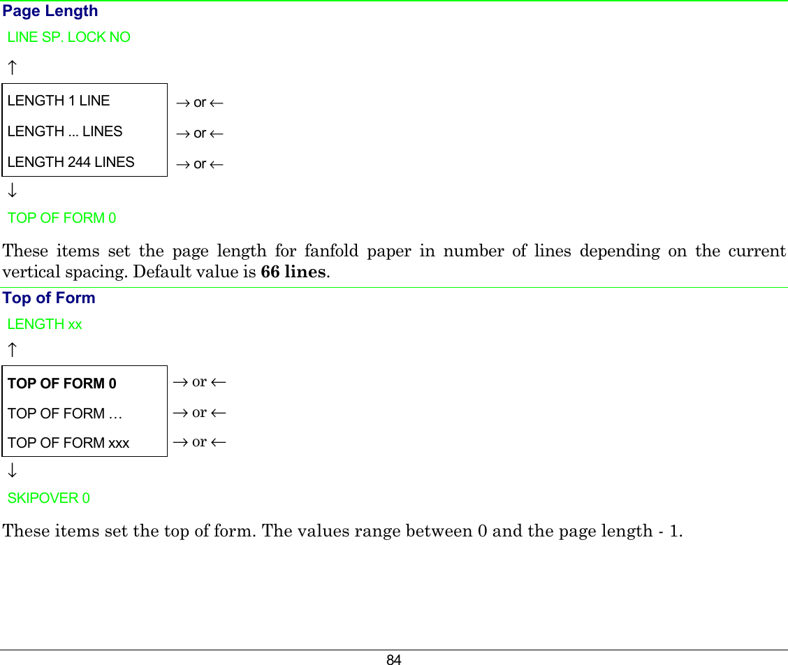 84 Page Length LINE SP. LOCK NO    ↑   LENGTH 1 LINE    → or ← LENGTH ... LINES    → or ← LENGTH 244 LINES    → or ← ↓   TOP OF FORM 0    These items set the page length for fanfold paper in number of lines depending on the current vertical spacing. Default value is 66 lines. Top of Form LENGTH xx     ↑   TOP OF FORM 0 → or ← TOP OF FORM …  → or ← TOP OF FORM xxx  → or ← ↓   SKIPOVER 0    These items set the top of form. The values range between 0 and the page length - 1. 