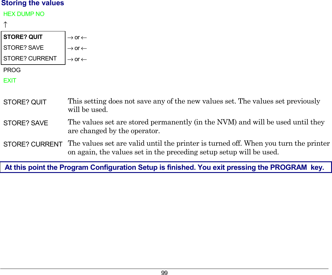 99 Storing the values HEX DUMP NO     ↑   STORE? QUIT → or ← STORE? SAVE  → or ← STORE? CURRENT  → or ← PROG   EXIT     STORE? QUIT  This setting does not save any of the new values set. The values set previously will be used. STORE? SAVE  The values set are stored permanently (in the NVM) and will be used until they are changed by the operator. STORE? CURRENT  The values set are valid until the printer is turned off. When you turn the printer on again, the values set in the preceding setup setup will be used. At this point the Program Configuration Setup is finished. You exit pressing the PROGRAM  key. 