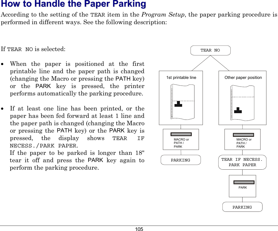 105 HHooww  ttoo  HHaannddllee  tthhee  PPaappeerr  PPaarrkkiinngg    According to the setting of the TEAR item in the Program Setup, the paper parking procedure is performed in different ways. See the following description:   If TEAR NO is selected:  •  When the paper is positioned at the first printable line and the paper path is changed (changing the Macro or pressing the PATH key) or the PARK key is pressed, the printer performs automatically the parking procedure.  •  If at least one line has been printed, or the paper has been fed forward at least 1 line and the paper path is changed (changing the Macro or pressing the PATH key) or the PARK key is pressed, the display shows TEAR IF NECESS./PARK PAPER.  If the paper to be parked is longer than 18&quot; tear it off and press the PARK key again to perform the parking procedure.  TEAR NO PARKING TEAR IF NECESS. PARK PAPER PARKING MACRO or PATH / PARK PARK Other paper position MACRO or PATH / PARK 1st printable line   
