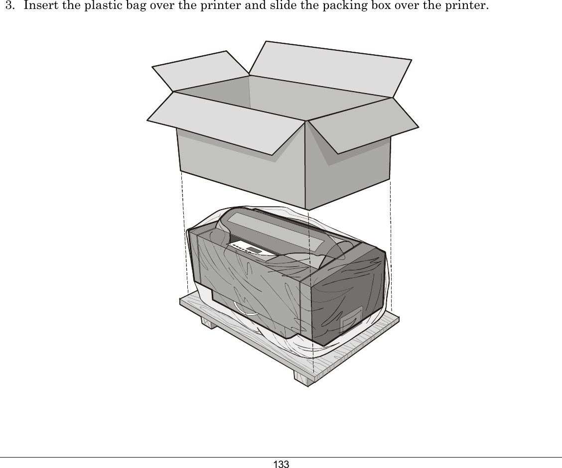 133 3.  Insert the plastic bag over the printer and slide the packing box over the printer.    
