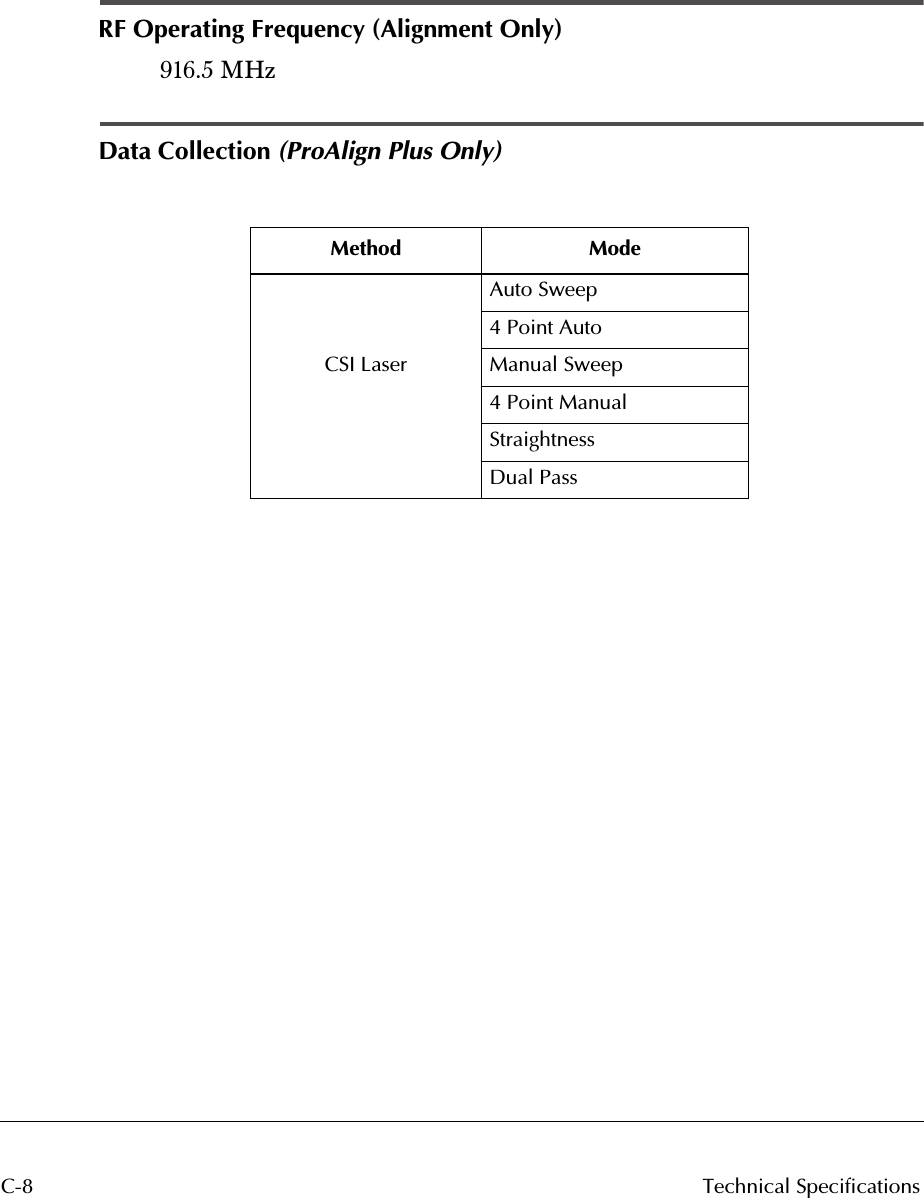  C-8 Technical Specifications RF Operating Frequency (Alignment Only) 916.5 MHz Data Collection  (ProAlign Plus Only) Method Mode CSI LaserAuto Sweep4 Point AutoManual Sweep4 Point ManualStraightnessDual Pass