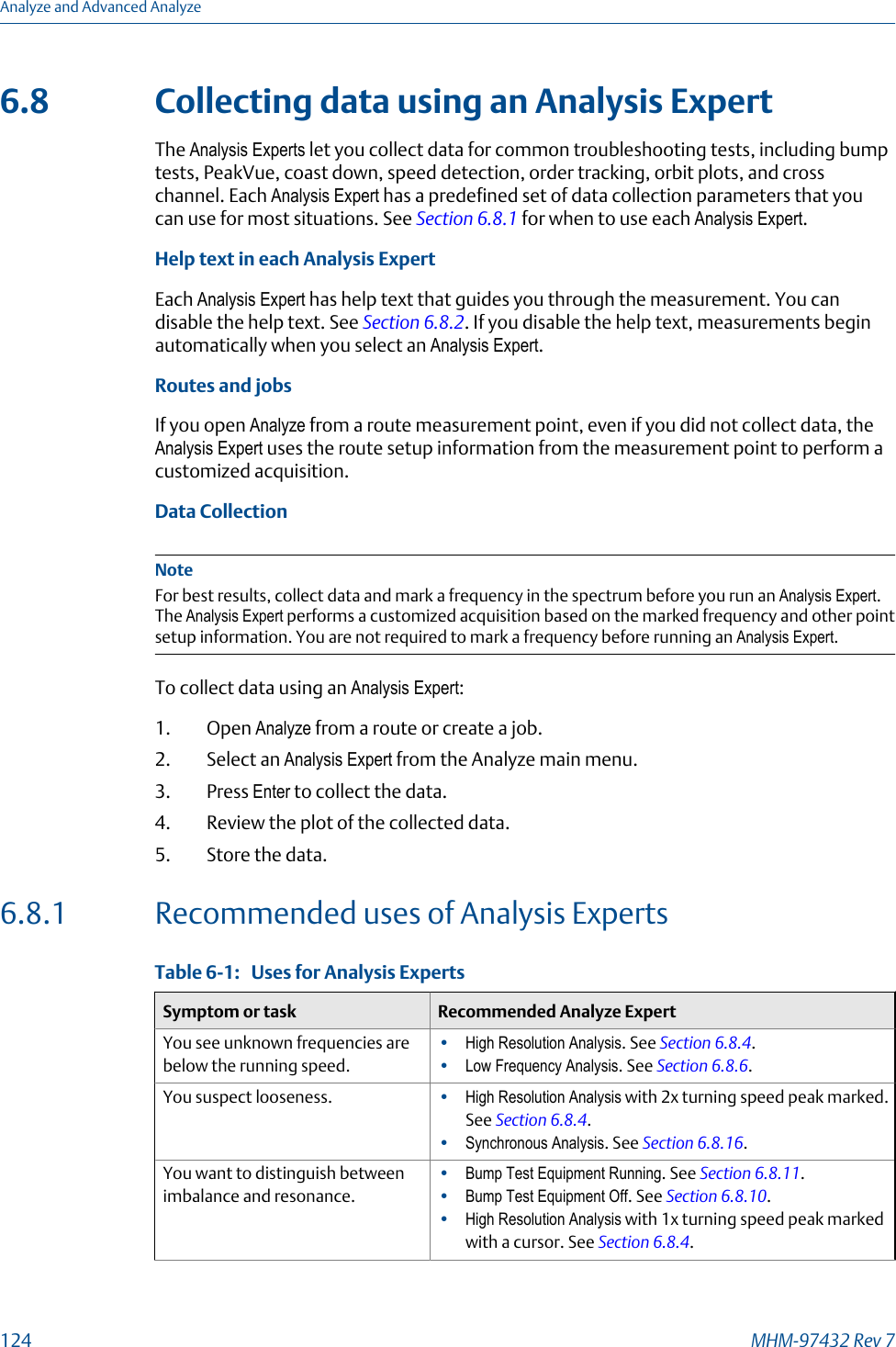 6.8 Collecting data using an Analysis ExpertThe Analysis Experts let you collect data for common troubleshooting tests, including bumptests, PeakVue, coast down, speed detection, order tracking, orbit plots, and crosschannel. Each Analysis Expert has a predefined set of data collection parameters that youcan use for most situations. See Section 6.8.1 for when to use each Analysis Expert.Help text in each Analysis ExpertEach Analysis Expert has help text that guides you through the measurement. You candisable the help text. See Section 6.8.2. If you disable the help text, measurements beginautomatically when you select an Analysis Expert.Routes and jobsIf you open Analyze from a route measurement point, even if you did not collect data, theAnalysis Expert uses the route setup information from the measurement point to perform acustomized acquisition.Data CollectionNoteFor best results, collect data and mark a frequency in the spectrum before you run an Analysis Expert.The Analysis Expert performs a customized acquisition based on the marked frequency and other pointsetup information. You are not required to mark a frequency before running an Analysis Expert.To collect data using an Analysis Expert:1. Open Analyze from a route or create a job.2. Select an Analysis Expert from the Analyze main menu.3. Press Enter to collect the data.4. Review the plot of the collected data.5. Store the data.6.8.1 Recommended uses of Analysis ExpertsUses for Analysis ExpertsTable 6-1:   Symptom or task Recommended Analyze ExpertYou see unknown frequencies arebelow the running speed.•High Resolution Analysis. See Section 6.8.4.•Low Frequency Analysis. See Section 6.8.6.You suspect looseness. •High Resolution Analysis with 2x turning speed peak marked.See Section 6.8.4.•Synchronous Analysis. See Section 6.8.16.You want to distinguish betweenimbalance and resonance.•Bump Test Equipment Running. See Section 6.8.11.•Bump Test Equipment Off. See Section 6.8.10.•High Resolution Analysis with 1x turning speed peak markedwith a cursor. See Section 6.8.4.Analyze and Advanced Analyze124 MHM-97432 Rev 7