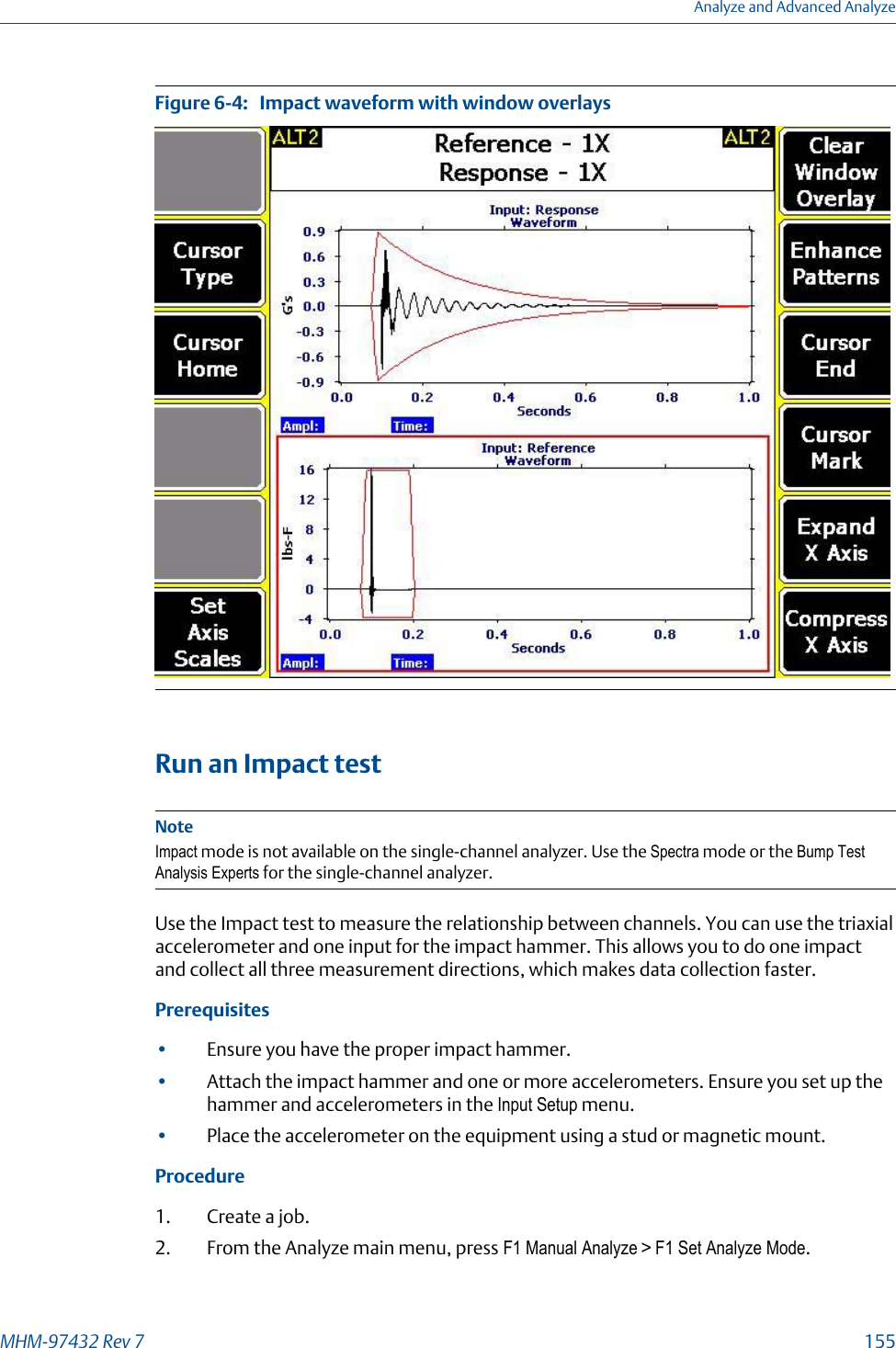 Impact waveform with window overlaysFigure 6-4:   Run an Impact testNoteImpact mode is not available on the single-channel analyzer. Use the Spectra mode or the Bump TestAnalysis Experts for the single-channel analyzer.Use the Impact test to measure the relationship between channels. You can use the triaxialaccelerometer and one input for the impact hammer. This allows you to do one impactand collect all three measurement directions, which makes data collection faster.Prerequisites•Ensure you have the proper impact hammer.•Attach the impact hammer and one or more accelerometers. Ensure you set up thehammer and accelerometers in the Input Setup menu.•Place the accelerometer on the equipment using a stud or magnetic mount.Procedure1. Create a job.2. From the Analyze main menu, press F1 Manual Analyze &gt; F1 Set Analyze Mode.Analyze and Advanced AnalyzeMHM-97432 Rev 7  155