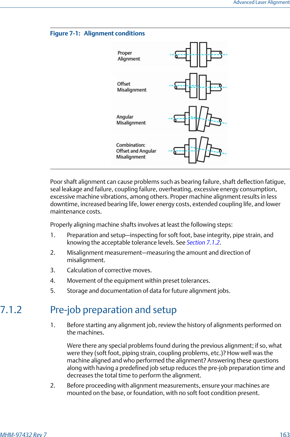 Alignment conditionsFigure 7-1:   Poor shaft alignment can cause problems such as bearing failure, shaft deflection fatigue,seal leakage and failure, coupling failure, overheating, excessive energy consumption,excessive machine vibrations, among others. Proper machine alignment results in lessdowntime, increased bearing life, lower energy costs, extended coupling life, and lowermaintenance costs.Properly aligning machine shafts involves at least the following steps:1. Preparation and setup—inspecting for soft foot, base integrity, pipe strain, andknowing the acceptable tolerance levels. See Section 7.1.2.2. Misalignment measurement—measuring the amount and direction ofmisalignment.3. Calculation of corrective moves.4. Movement of the equipment within preset tolerances.5. Storage and documentation of data for future alignment jobs.7.1.2 Pre-job preparation and setup1. Before starting any alignment job, review the history of alignments performed onthe machines.Were there any special problems found during the previous alignment; if so, whatwere they (soft foot, piping strain, coupling problems, etc.)? How well was themachine aligned and who performed the alignment? Answering these questionsalong with having a predefined job setup reduces the pre-job preparation time anddecreases the total time to perform the alignment.2. Before proceeding with alignment measurements, ensure your machines aremounted on the base, or foundation, with no soft foot condition present.Advanced Laser AlignmentMHM-97432 Rev 7  163