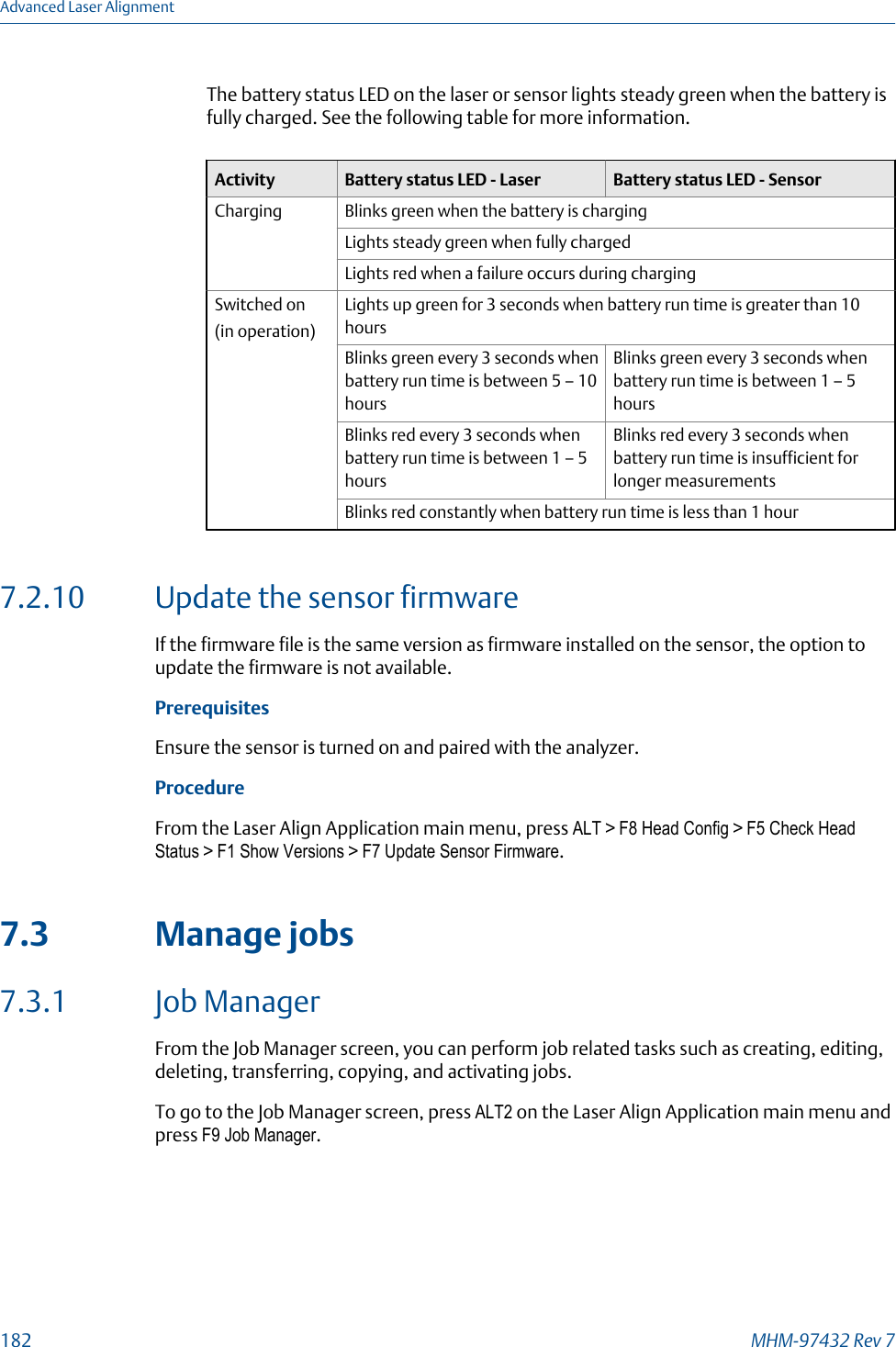 The battery status LED on the laser or sensor lights steady green when the battery isfully charged. See the following table for more information.Activity Battery status LED - Laser Battery status LED - SensorCharging Blinks green when the battery is chargingLights steady green when fully chargedLights red when a failure occurs during chargingSwitched on(in operation)Lights up green for 3 seconds when battery run time is greater than 10hoursBlinks green every 3 seconds whenbattery run time is between 5 – 10hoursBlinks green every 3 seconds whenbattery run time is between 1 – 5hoursBlinks red every 3 seconds whenbattery run time is between 1 – 5hoursBlinks red every 3 seconds whenbattery run time is insufficient forlonger measurementsBlinks red constantly when battery run time is less than 1 hour7.2.10 Update the sensor firmwareIf the firmware file is the same version as firmware installed on the sensor, the option toupdate the firmware is not available.PrerequisitesEnsure the sensor is turned on and paired with the analyzer.ProcedureFrom the Laser Align Application main menu, press ALT &gt; F8 Head Config &gt; F5 Check HeadStatus &gt; F1 Show Versions &gt; F7 Update Sensor Firmware.7.3 Manage jobs7.3.1 Job ManagerFrom the Job Manager screen, you can perform job related tasks such as creating, editing,deleting, transferring, copying, and activating jobs.To go to the Job Manager screen, press ALT2 on the Laser Align Application main menu andpress F9 Job Manager.Advanced Laser Alignment182 MHM-97432 Rev 7