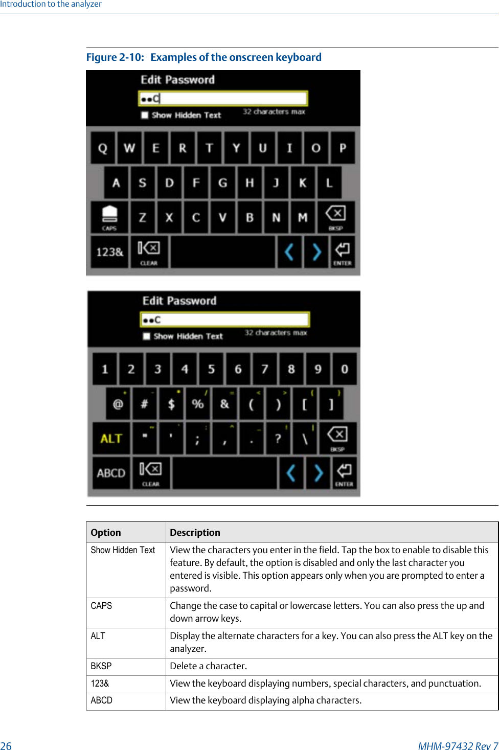 Examples of the onscreen keyboardFigure 2-10:   Option DescriptionShow Hidden Text View the characters you enter in the field. Tap the box to enable to disable thisfeature. By default, the option is disabled and only the last character youentered is visible. This option appears only when you are prompted to enter apassword.CAPS Change the case to capital or lowercase letters. You can also press the up anddown arrow keys.ALT Display the alternate characters for a key. You can also press the ALT key on theanalyzer.BKSP Delete a character.123&amp; View the keyboard displaying numbers, special characters, and punctuation.ABCD View the keyboard displaying alpha characters.Introduction to the analyzer26 MHM-97432 Rev 7