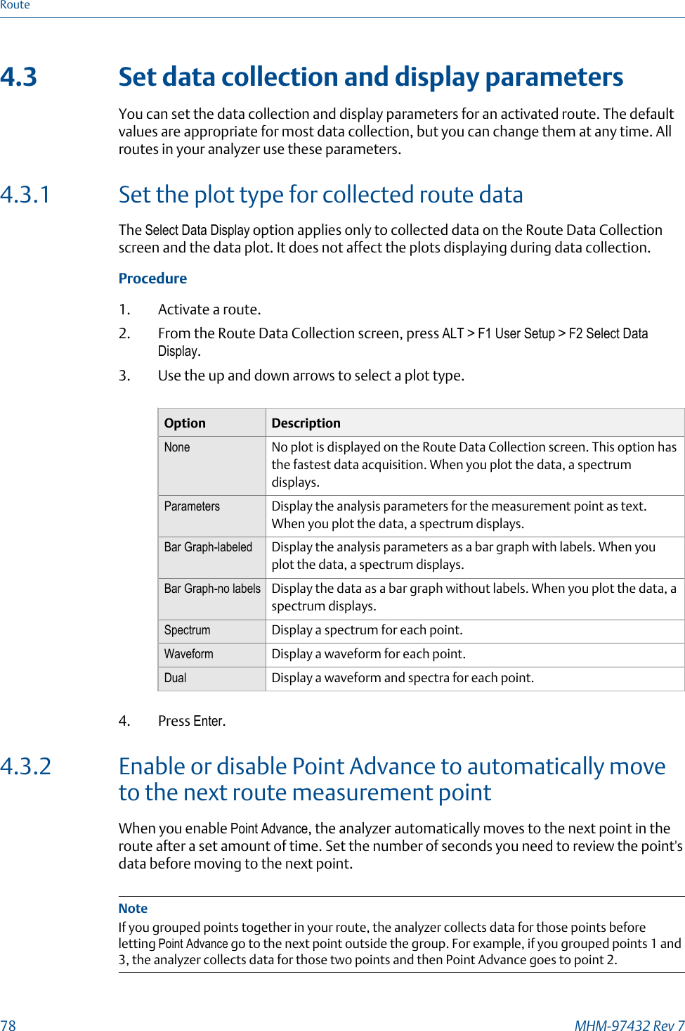 4.3 Set data collection and display parametersYou can set the data collection and display parameters for an activated route. The defaultvalues are appropriate for most data collection, but you can change them at any time. Allroutes in your analyzer use these parameters.4.3.1 Set the plot type for collected route dataThe Select Data Display option applies only to collected data on the Route Data Collectionscreen and the data plot. It does not affect the plots displaying during data collection.Procedure1. Activate a route.2. From the Route Data Collection screen, press ALT &gt; F1 User Setup &gt; F2 Select DataDisplay.3. Use the up and down arrows to select a plot type.Option DescriptionNone No plot is displayed on the Route Data Collection screen. This option hasthe fastest data acquisition. When you plot the data, a spectrumdisplays.Parameters Display the analysis parameters for the measurement point as text.When you plot the data, a spectrum displays.Bar Graph-labeled Display the analysis parameters as a bar graph with labels. When youplot the data, a spectrum displays.Bar Graph-no labels Display the data as a bar graph without labels. When you plot the data, aspectrum displays.Spectrum Display a spectrum for each point.Waveform Display a waveform for each point.Dual Display a waveform and spectra for each point.4. Press Enter.4.3.2 Enable or disable Point Advance to automatically moveto the next route measurement pointWhen you enable Point Advance, the analyzer automatically moves to the next point in theroute after a set amount of time. Set the number of seconds you need to review the point&apos;sdata before moving to the next point.NoteIf you grouped points together in your route, the analyzer collects data for those points beforeletting Point Advance go to the next point outside the group. For example, if you grouped points 1 and3, the analyzer collects data for those two points and then Point Advance goes to point 2.Route78 MHM-97432 Rev 7