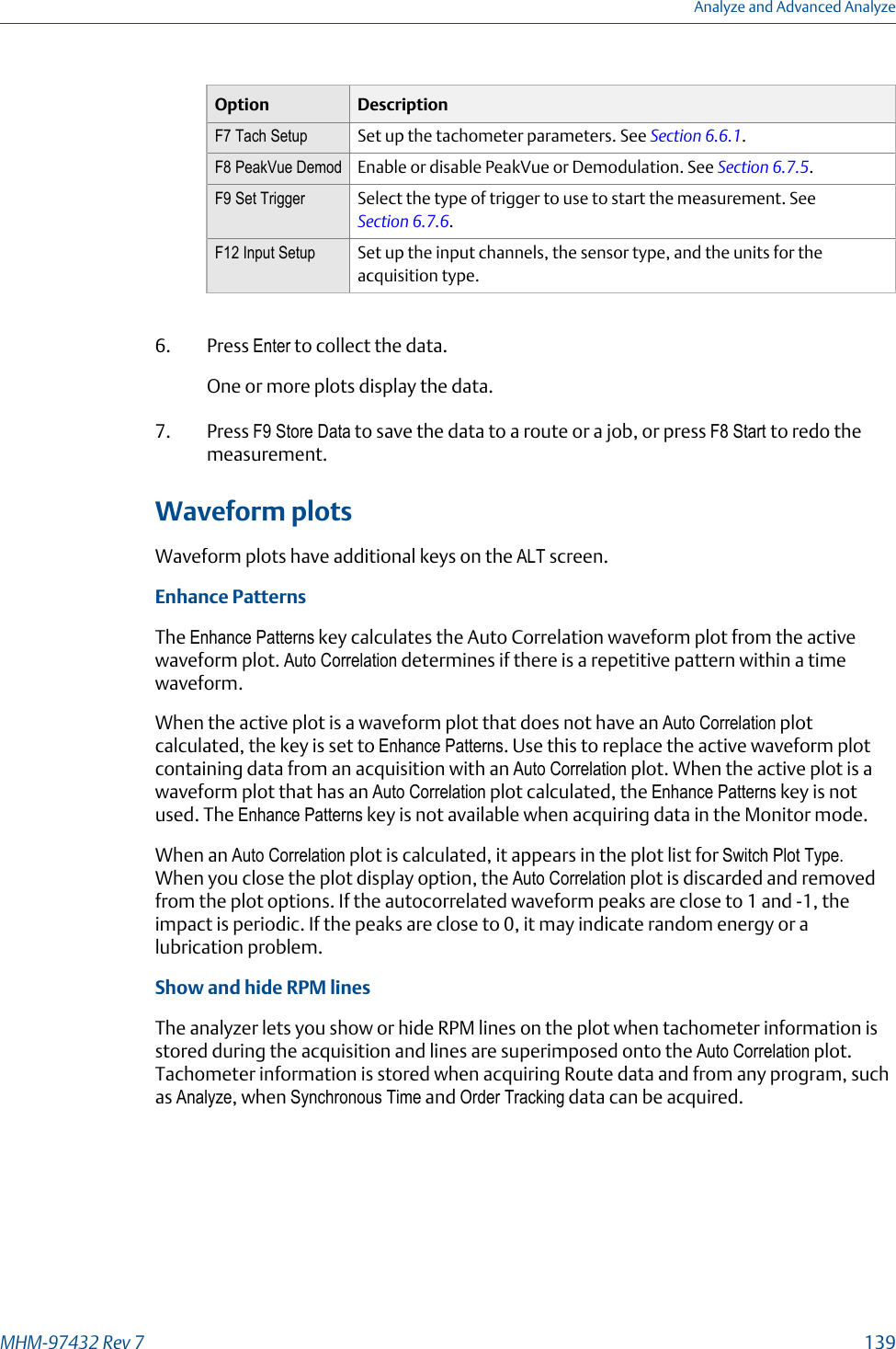 Option DescriptionF7 Tach Setup Set up the tachometer parameters. See Section 6.6.1.F8 PeakVue Demod Enable or disable PeakVue or Demodulation. See Section 6.7.5.F9 Set Trigger Select the type of trigger to use to start the measurement. See Section 6.7.6.F12 Input Setup Set up the input channels, the sensor type, and the units for theacquisition type.6. Press Enter to collect the data.One or more plots display the data.7. Press F9 Store Data to save the data to a route or a job, or press F8 Start to redo themeasurement.Waveform plotsWaveform plots have additional keys on the ALT screen.Enhance PatternsThe Enhance Patterns key calculates the Auto Correlation waveform plot from the activewaveform plot. Auto Correlation determines if there is a repetitive pattern within a timewaveform.When the active plot is a waveform plot that does not have an Auto Correlation plotcalculated, the key is set to Enhance Patterns. Use this to replace the active waveform plotcontaining data from an acquisition with an Auto Correlation plot. When the active plot is awaveform plot that has an Auto Correlation plot calculated, the Enhance Patterns key is notused. The Enhance Patterns key is not available when acquiring data in the Monitor mode.When an Auto Correlation plot is calculated, it appears in the plot list for Switch Plot Type.When you close the plot display option, the Auto Correlation plot is discarded and removedfrom the plot options. If the autocorrelated waveform peaks are close to 1 and -1, theimpact is periodic. If the peaks are close to 0, it may indicate random energy or alubrication problem.Show and hide RPM linesThe analyzer lets you show or hide RPM lines on the plot when tachometer information isstored during the acquisition and lines are superimposed onto the Auto Correlation plot.Tachometer information is stored when acquiring Route data and from any program, suchas Analyze, when Synchronous Time and Order Tracking data can be acquired.Analyze and Advanced AnalyzeMHM-97432 Rev 7  139