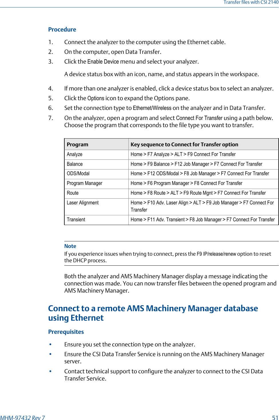 Procedure1. Connect the analyzer to the computer using the Ethernet cable.2. On the computer, open Data Transfer.3. Click the Enable Device menu and select your analyzer.A device status box with an icon, name, and status appears in the workspace.4. If more than one analyzer is enabled, click a device status box to select an analyzer.5. Click the Options icon to expand the Options pane.6. Set the connection type to Ethernet/Wireless on the analyzer and in Data Transfer.7. On the analyzer, open a program and select Connect For Transfer using a path below.Choose the program that corresponds to the file type you want to transfer.Program Key sequence to Connect for Transfer optionAnalyze Home &gt; F7 Analyze &gt; ALT &gt; F9 Connect For TransferBalance Home &gt; F9 Balance &gt; F12 Job Manager &gt; F7 Connect For TransferODS/Modal Home &gt; F12 ODS/Modal &gt; F8 Job Manager &gt; F7 Connect For TransferProgram Manager Home &gt; F6 Program Manager &gt; F8 Connect For TransferRoute Home &gt; F8 Route &gt; ALT &gt; F9 Route Mgnt &gt; F7 Connect For TransferLaser Alignment Home &gt; F10 Adv. Laser Align &gt; ALT &gt; F9 Job Manager &gt; F7 Connect ForTransferTransient Home &gt; F11 Adv. Transient &gt; F8 Job Manager &gt; F7 Connect For TransferNoteIf you experience issues when trying to connect, press the F9 IP/release/renew option to resetthe DHCP process.Both the analyzer and AMS Machinery Manager display a message indicating theconnection was made. You can now transfer files between the opened program andAMS Machinery Manager.Connect to a remote AMS Machinery Manager databaseusing EthernetPrerequisites•Ensure you set the connection type on the analyzer.•Ensure the CSI Data Transfer Service is running on the AMS Machinery Managerserver.•Contact technical support to configure the analyzer to connect to the CSI DataTransfer Service.Transfer files with CSI 2140MHM-97432 Rev 7  51