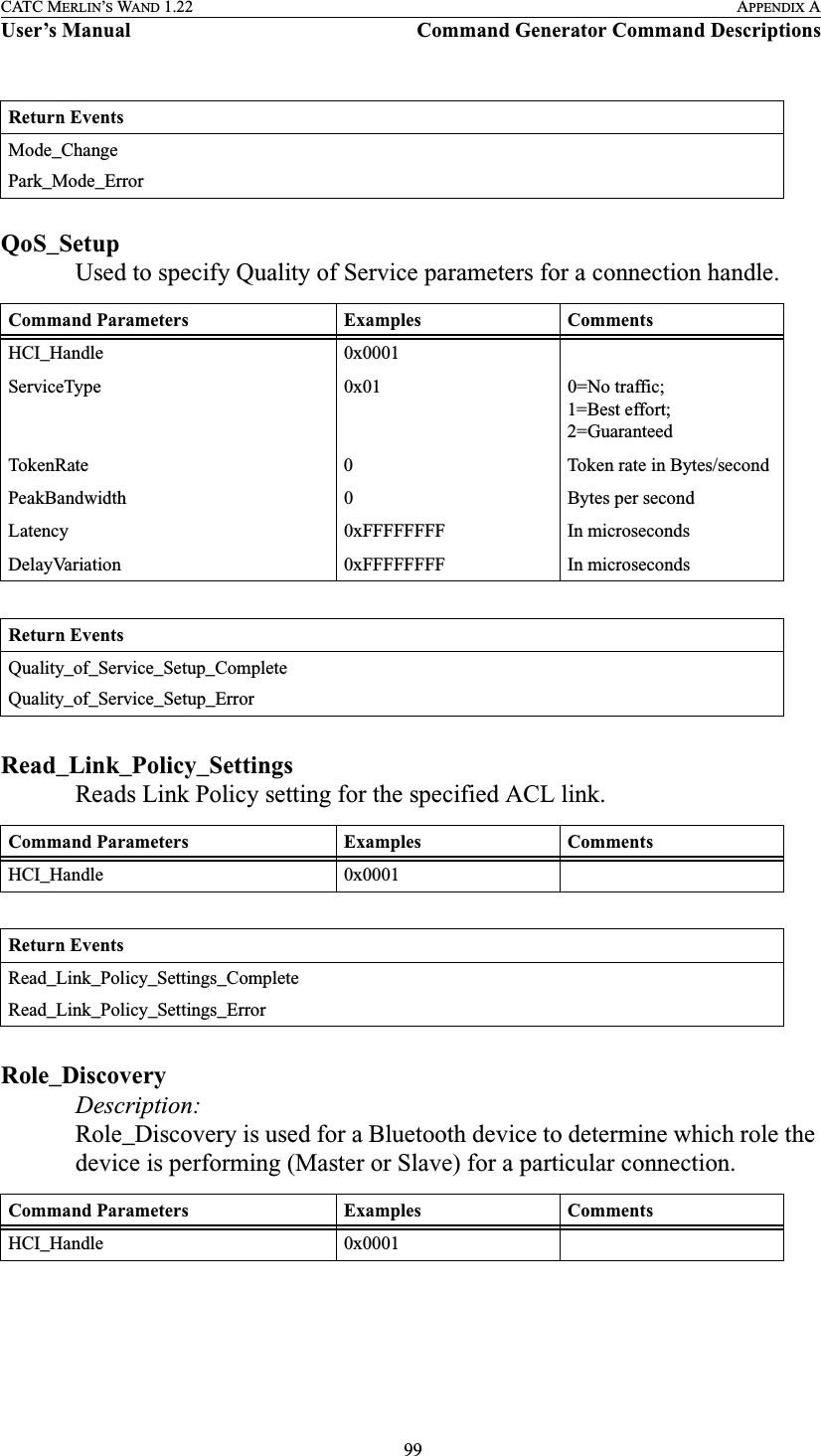  99CATC MERLIN’S WAND 1.22 APPENDIX AUser’s Manual Command Generator Command DescriptionsQoS_SetupUsed to specify Quality of Service parameters for a connection handle.Read_Link_Policy_SettingsReads Link Policy setting for the specified ACL link.Role_DiscoveryDescription:Role_Discovery is used for a Bluetooth device to determine which role the device is performing (Master or Slave) for a particular connection.Return EventsMode_ChangePark_Mode_ErrorCommand Parameters Examples CommentsHCI_Handle 0x0001ServiceType 0x01 0=No traffic; 1=Best effort;2=GuaranteedTokenRate 0 Token rate in Bytes/secondPeakBandwidth 0 Bytes per secondLatency 0xFFFFFFFF In microsecondsDelayVariation 0xFFFFFFFF In microsecondsReturn EventsQuality_of_Service_Setup_CompleteQuality_of_Service_Setup_ErrorCommand Parameters Examples CommentsHCI_Handle 0x0001Return EventsRead_Link_Policy_Settings_CompleteRead_Link_Policy_Settings_ErrorCommand Parameters Examples CommentsHCI_Handle 0x0001