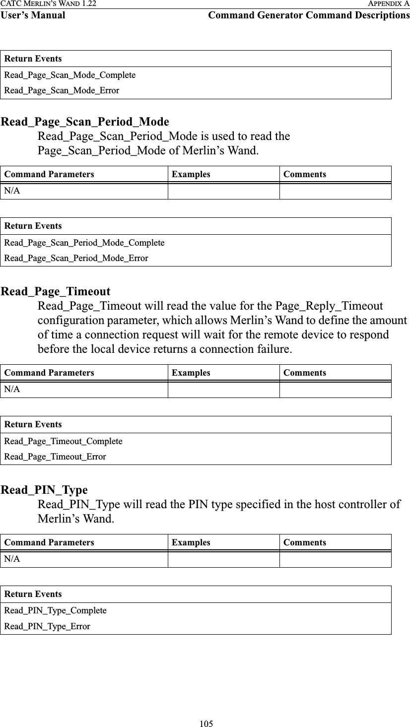  105CATC MERLIN’S WAND 1.22 APPENDIX AUser’s Manual Command Generator Command DescriptionsRead_Page_Scan_Period_ModeRead_Page_Scan_Period_Mode is used to read the Page_Scan_Period_Mode of Merlin’s Wand.Read_Page_TimeoutRead_Page_Timeout will read the value for the Page_Reply_Timeout configuration parameter, which allows Merlin’s Wand to define the amount of time a connection request will wait for the remote device to respond before the local device returns a connection failure.Read_PIN_TypeRead_PIN_Type will read the PIN type specified in the host controller of Merlin’s Wand.Return EventsRead_Page_Scan_Mode_CompleteRead_Page_Scan_Mode_ErrorCommand Parameters Examples CommentsN/AReturn EventsRead_Page_Scan_Period_Mode_CompleteRead_Page_Scan_Period_Mode_ErrorCommand Parameters Examples CommentsN/AReturn EventsRead_Page_Timeout_CompleteRead_Page_Timeout_ErrorCommand Parameters Examples CommentsN/AReturn EventsRead_PIN_Type_CompleteRead_PIN_Type_Error