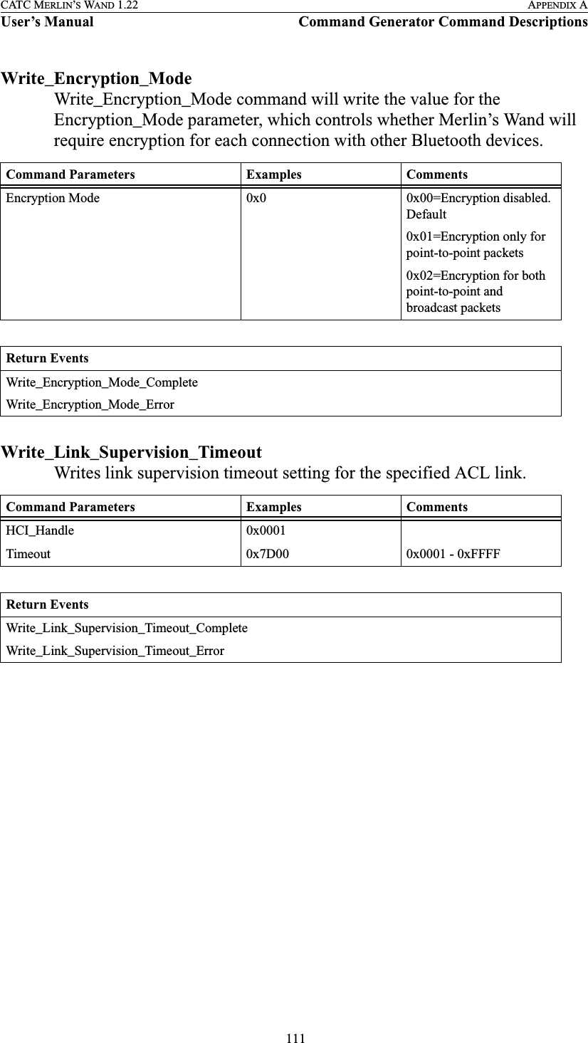  111CATC MERLIN’S WAND 1.22 APPENDIX AUser’s Manual Command Generator Command DescriptionsWrite_Encryption_ModeWrite_Encryption_Mode command will write the value for the Encryption_Mode parameter, which controls whether Merlin’s Wand will require encryption for each connection with other Bluetooth devices.Write_Link_Supervision_TimeoutWrites link supervision timeout setting for the specified ACL link.Command Parameters Examples CommentsEncryption Mode 0x0 0x00=Encryption disabled. Default0x01=Encryption only for point-to-point packets0x02=Encryption for both point-to-point and broadcast packetsReturn EventsWrite_Encryption_Mode_CompleteWrite_Encryption_Mode_ErrorCommand Parameters Examples CommentsHCI_Handle 0x0001Timeout 0x7D00 0x0001 - 0xFFFFReturn EventsWrite_Link_Supervision_Timeout_CompleteWrite_Link_Supervision_Timeout_Error