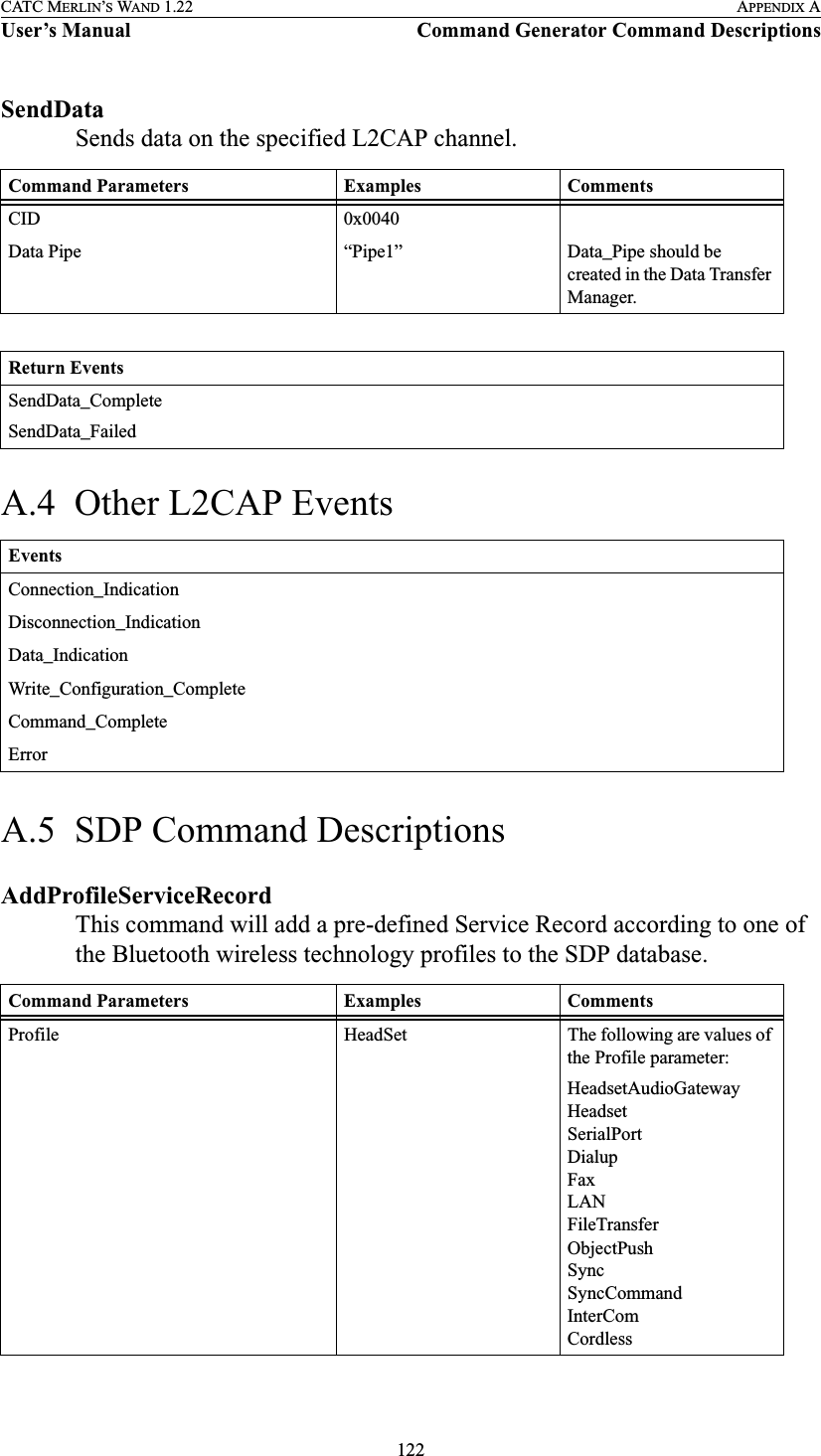 122CATC MERLIN’S WAND 1.22 APPENDIX AUser’s Manual Command Generator Command DescriptionsSendDataSends data on the specified L2CAP channel.A.4  Other L2CAP EventsA.5  SDP Command DescriptionsAddProfileServiceRecordThis command will add a pre-defined Service Record according to one of the Bluetooth wireless technology profiles to the SDP database.Command Parameters Examples CommentsCID 0x0040Data Pipe “Pipe1” Data_Pipe should be created in the Data Transfer Manager.Return EventsSendData_CompleteSendData_FailedEventsConnection_IndicationDisconnection_IndicationData_IndicationWrite_Configuration_CompleteCommand_CompleteErrorCommand Parameters Examples CommentsProfile HeadSet The following are values of the Profile parameter:HeadsetAudioGatewayHeadsetSerialPortDialupFaxLANFileTransferObjectPushSyncSyncCommandInterComCordless