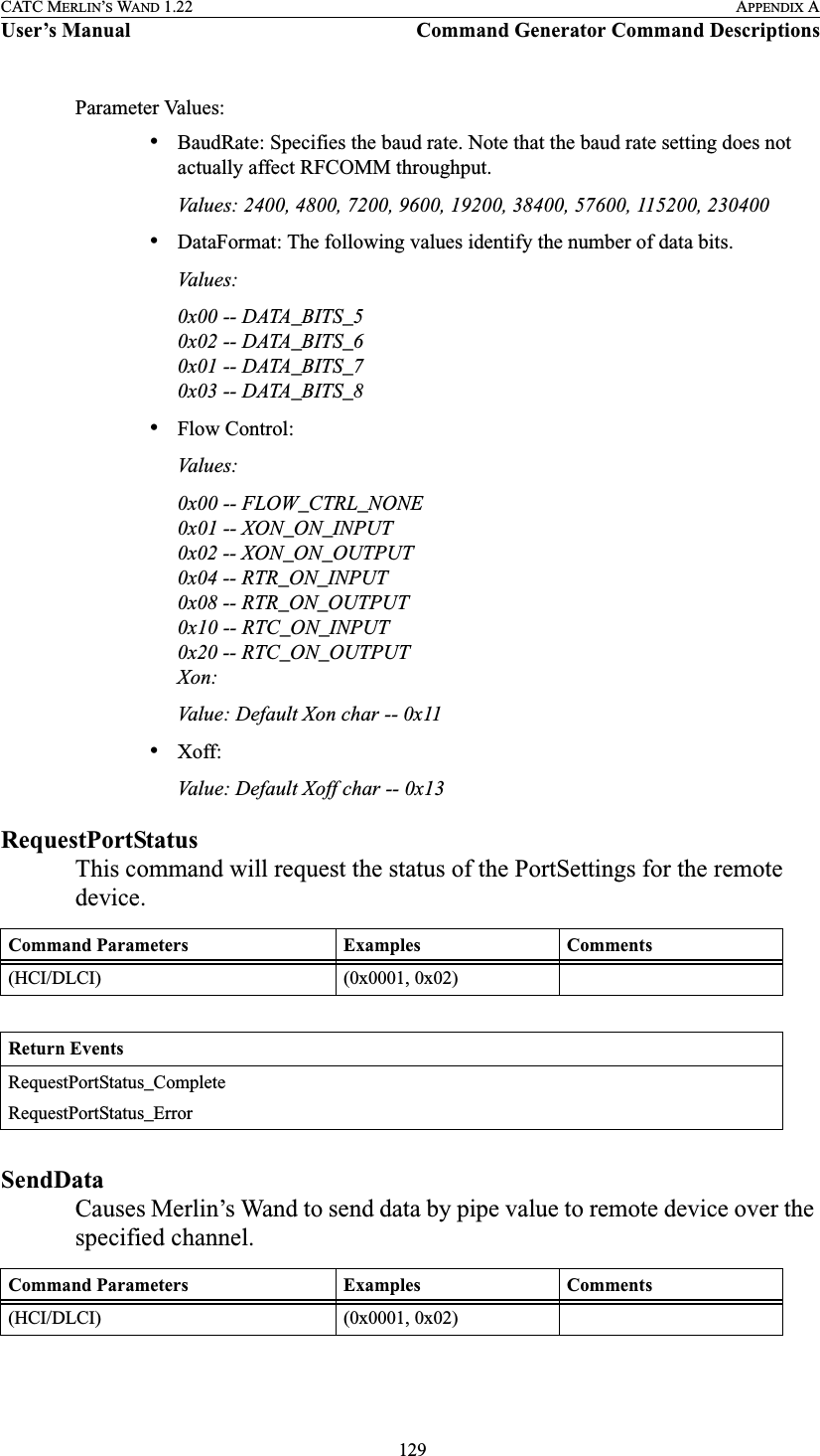  129CATC MERLIN’S WAND 1.22 APPENDIX AUser’s Manual Command Generator Command DescriptionsParameter Values:•BaudRate: Specifies the baud rate. Note that the baud rate setting does not actually affect RFCOMM throughput.Values: 2400, 4800, 7200, 9600, 19200, 38400, 57600, 115200, 230400•DataFormat: The following values identify the number of data bits.Valu es:  0x00 -- DATA_BITS_50x02 -- DATA_BITS_60x01 -- DATA_BITS_70x03 -- DATA_BITS_8•Flow Control:Valu e s:0x00 -- FLOW_CTRL_NONE0x01 -- XON_ON_INPUT0x02 -- XON_ON_OUTPUT0x04 -- RTR_ON_INPUT0x08 -- RTR_ON_OUTPUT0x10 -- RTC_ON_INPUT0x20 -- RTC_ON_OUTPUTXon:Value: Default Xon char -- 0x11•Xoff:Value: Default Xoff char -- 0x13RequestPortStatusThis command will request the status of the PortSettings for the remote device.SendDataCauses Merlin’s Wand to send data by pipe value to remote device over the specified channel. Command Parameters Examples Comments(HCI/DLCI) (0x0001, 0x02)Return EventsRequestPortStatus_CompleteRequestPortStatus_ErrorCommand Parameters Examples Comments(HCI/DLCI) (0x0001, 0x02)