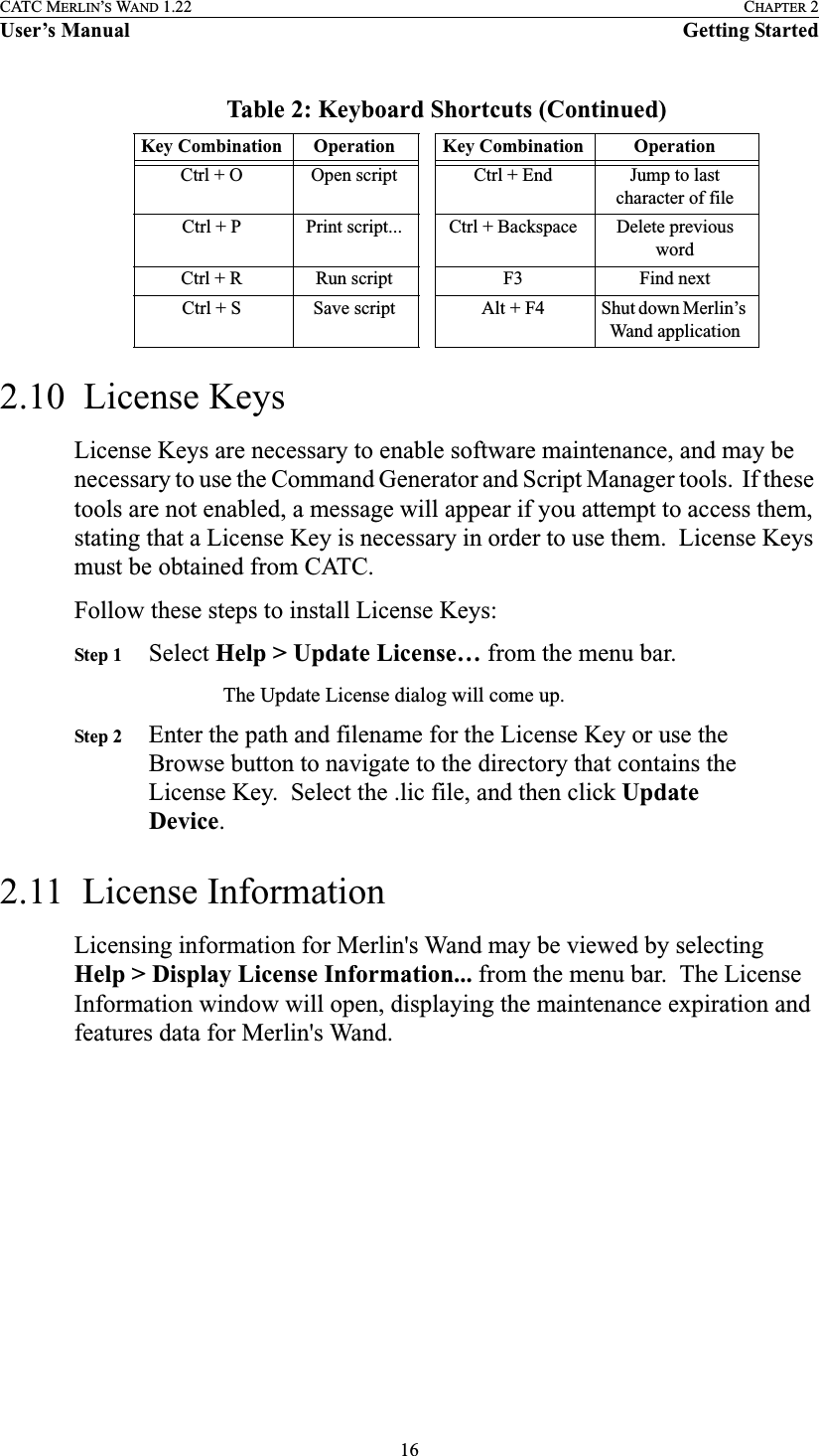 16CATC MERLIN’S WAND 1.22 CHAPTER 2User’s Manual Getting Started2.10  License KeysLicense Keys are necessary to enable software maintenance, and may be necessary to use the Command Generator and Script Manager tools.  If these tools are not enabled, a message will appear if you attempt to access them, stating that a License Key is necessary in order to use them.  License Keys must be obtained from CATC.Follow these steps to install License Keys:Step 1 Select Help &gt; Update License… from the menu bar.The Update License dialog will come up.Step 2 Enter the path and filename for the License Key or use the Browse button to navigate to the directory that contains the License Key.  Select the .lic file, and then click Update Device.2.11  License InformationLicensing information for Merlin&apos;s Wand may be viewed by selecting Help &gt; Display License Information... from the menu bar.  The License Information window will open, displaying the maintenance expiration and features data for Merlin&apos;s Wand.Ctrl + O Open script Ctrl + End Jump to last character of fileCtrl + P Print script... Ctrl + Backspace Delete previous wordCtrl + R Run script F3 Find nextCtrl + S Save script Alt + F4 Shut down Merlin’s Wand applicationTable 2: Keyboard Shortcuts (Continued)Key Combination Operation Key Combination Operation