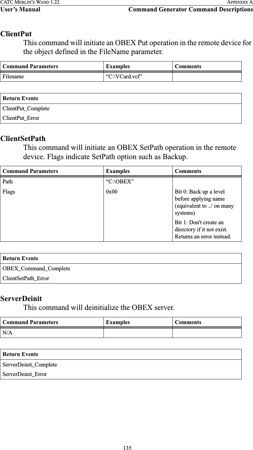  135CATC MERLIN’S WAND 1.22 APPENDIX AUser’s Manual Command Generator Command DescriptionsClientPutThis command will initiate an OBEX Put operation in the remote device for the object defined in the FileName parameter.ClientSetPathThis command will initiate an OBEX SetPath operation in the remote device. Flags indicate SetPath option such as Backup.ServerDeinitThis command will deinitialize the OBEX server.Command Parameters Examples CommentsFilename “C:\VCard.vcf”Return EventsClientPut_CompleteClientPut_ErrorCommand Parameters Examples CommentsPath “C:\OBEX”Flags 0x00 Bit 0: Back up a level before applying name (equivalent to ../ on many systems)Bit 1: Don&apos;t create an directory if it not exist. Returns an error instead.Return EventsOBEX_Command_CompleteClientSetPath_ErrorCommand Parameters Examples CommentsN/AReturn EventsServerDeinit_CompleteServerDeinit_Error