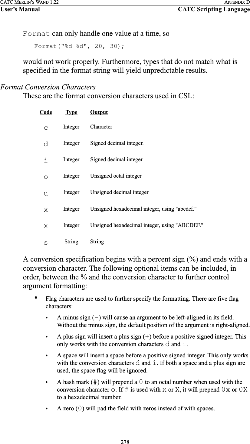 278CATC MERLIN’S WAND 1.22 APPENDIX DUser’s Manual CATC Scripting LanguageFormat can only handle one value at a time, soFormat(&quot;%d %d&quot;, 20, 30); would not work properly. Furthermore, types that do not match what is specified in the format string will yield unpredictable results.Format Conversion CharactersThese are the format conversion characters used in CSL:A conversion specification begins with a percent sign (%) and ends with a conversion character. The following optional items can be included, in order, between the % and the conversion character to further control argument formatting:•Flag characters are used to further specify the formatting. There are five flag characters:•A minus sign (-) will cause an argument to be left-aligned in its field. Without the minus sign, the default position of the argument is right-aligned.•A plus sign will insert a plus sign (+) before a positive signed integer. This only works with the conversion characters d and i.•A space will insert a space before a positive signed integer. This only works with the conversion characters d and i. If both a space and a plus sign are used, the space flag will be ignored.•A hash mark (#) will prepend a 0 to an octal number when used with the conversion character o. If # is used with x or X, it will prepend 0x or 0X to a hexadecimal number.•A zero (0) will pad the field with zeros instead of with spaces.Code Type OutputcInteger CharacterdInteger Signed decimal integer.iInteger Signed decimal integeroInteger Unsigned octal integeruInteger Unsigned decimal integerxInteger Unsigned hexadecimal integer, using &quot;abcdef.&quot;XInteger Unsigned hexadecimal integer, using &quot;ABCDEF.&quot;sString String