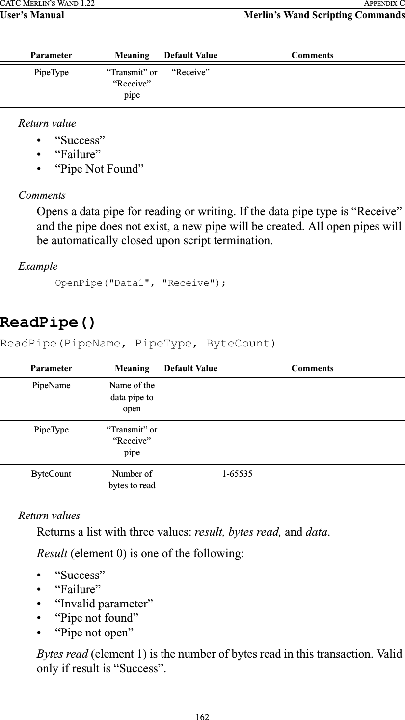 162CATC MERLIN’S WAND 1.22 APPENDIX CUser’s Manual Merlin’s Wand Scripting CommandsReturn value• “Success”• “Failure”• “Pipe Not Found”CommentsOpens a data pipe for reading or writing. If the data pipe type is “Receive” and the pipe does not exist, a new pipe will be created. All open pipes will be automatically closed upon script termination.ExampleOpenPipe(&quot;Data1&quot;, &quot;Receive&quot;);ReadPipe()ReadPipe(PipeName, PipeType, ByteCount)Return valuesReturns a list with three values: result, bytes read, and data.Result (element 0) is one of the following:• “Success”• “Failure”• “Invalid parameter”• “Pipe not found”• “Pipe not open”Bytes read (element 1) is the number of bytes read in this transaction. Valid only if result is “Success”.PipeType “Transmit” or “Receive” pipe“Receive”Parameter Meaning Default Value CommentsPipeName Name of the data pipe to openPipeType “Transmit” or “Receive” pipeByteCount Number of bytes to read1-65535Parameter Meaning Default Value Comments