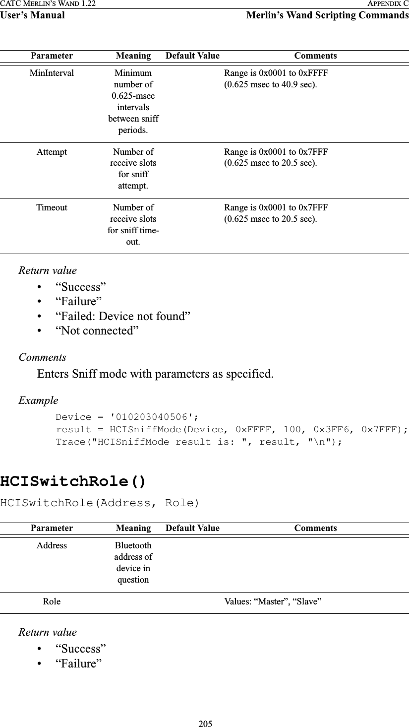  205CATC MERLIN’S WAND 1.22 APPENDIX CUser’s Manual Merlin’s Wand Scripting CommandsReturn value• “Success”• “Failure”• “Failed: Device not found”• “Not connected”CommentsEnters Sniff mode with parameters as specified.ExampleDevice = &apos;010203040506&apos;;result = HCISniffMode(Device, 0xFFFF, 100, 0x3FF6, 0x7FFF);Trace(&quot;HCISniffMode result is: &quot;, result, &quot;\n&quot;);HCISwitchRole()HCISwitchRole(Address, Role)Return value• “Success”• “Failure”MinInterval Minimum number of 0.625-msec intervals between sniff periods.Range is 0x0001 to 0xFFFF (0.625 msec to 40.9 sec).Attempt Number of receive slots for sniff attempt.Range is 0x0001 to 0x7FFF (0.625 msec to 20.5 sec).Timeout Number of receive slots for sniff time-out.Range is 0x0001 to 0x7FFF (0.625 msec to 20.5 sec).Parameter Meaning Default Value CommentsAddress Bluetooth address of device in questionRole Values: “Master”, “Slave”Parameter Meaning Default Value Comments