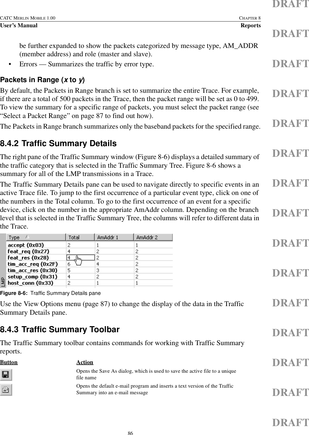 86CATC MERLIN MOBILE 1.00 CHAPTER 8User’s Manual ReportsDRAFTDRAFTDRAFTDRAFTDRAFTDRAFTDRAFTDRAFTDRAFTDRAFTDRAFTDRAFTDRAFTDRAFTDRAFTbe further expanded to show the packets categorized by message type, AM_ADDR (member address) and role (master and slave).• Errors — Summarizes the traffic by error type.Packets in Range (x to y)By default, the Packets in Range branch is set to summarize the entire Trace. For example, if there are a total of 500 packets in the Trace, then the packet range will be set as 0 to 499. To view the summary for a specific range of packets, you must select the packet range (see “Select a Packet Range” on page 87 to find out how).The Packets in Range branch summarizes only the baseband packets for the specified range.8.4.2 Traffic Summary DetailsThe right pane of the Traffic Summary window (Figure 8-6) displays a detailed summary of the traffic category that is selected in the Traffic Summary Tree. Figure 8-6 shows a summary for all of the LMP transmissions in a Trace.The Traffic Summary Details pane can be used to navigate directly to specific events in an active Trace file. To jump to the first occurrence of a particular event type, click on one of the numbers in the Total column. To go to the first occurrence of an event for a specific device, click on the number in the appropriate AmAddr column. Depending on the branch level that is selected in the Traffic Summary Tree, the columns will refer to different data in the Trace. Use the View Options menu (page 87) to change the display of the data in the Traffic Summary Details pane.8.4.3 Traffic Summary ToolbarThe Traffic Summary toolbar contains commands for working with Traffic Summary reports.Figure 8-6:  Traffic Summary Details paneButton ActionOpens the Save As dialog, which is used to save the active file to a unique file nameOpens the default e-mail program and inserts a text version of the Traffic Summary into an e-mail message 