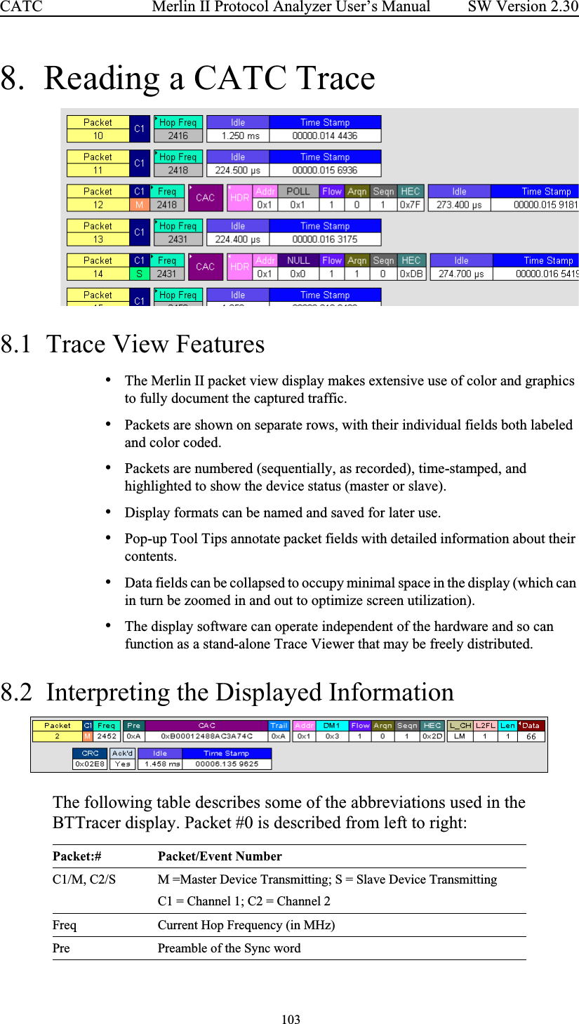 103 Merlin II Protocol Analyzer User’s ManualCATC SW Version 2.308.  Reading a CATC Trace8.1  Trace View Features•The Merlin II packet view display makes extensive use of color and graphics to fully document the captured traffic.•Packets are shown on separate rows, with their individual fields both labeled and color coded. •Packets are numbered (sequentially, as recorded), time-stamped, and highlighted to show the device status (master or slave).•Display formats can be named and saved for later use. •Pop-up Tool Tips annotate packet fields with detailed information about their contents.•Data fields can be collapsed to occupy minimal space in the display (which can in turn be zoomed in and out to optimize screen utilization). •The display software can operate independent of the hardware and so can function as a stand-alone Trace Viewer that may be freely distributed.8.2  Interpreting the Displayed InformationThe following table describes some of the abbreviations used in the BTTracer display. Packet #0 is described from left to right:Packet:# Packet/Event NumberC1/M, C2/S M =Master Device Transmitting; S = Slave Device TransmittingC1 = Channel 1; C2 = Channel 2Freq Current Hop Frequency (in MHz)Pre Preamble of the Sync word