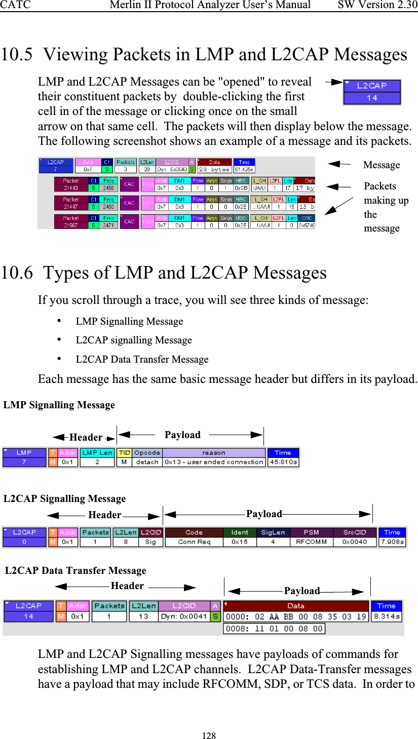 128 Merlin II Protocol Analyzer User’s ManualCATC SW Version 2.3010.5  Viewing Packets in LMP and L2CAP MessagesLMP and L2CAP Messages can be &quot;opened&quot; to reveal their constituent packets by  double-clicking the first cell in of the message or clicking once on the small arrow on that same cell.  The packets will then display below the message.  The following screenshot shows an example of a message and its packets.10.6  Types of LMP and L2CAP MessagesIf you scroll through a trace, you will see three kinds of message:  •LMP Signalling Message•L2CAP signalling Message•L2CAP Data Transfer MessageEach message has the same basic message header but differs in its payload.LMP and L2CAP Signalling messages have payloads of commands for establishing LMP and L2CAP channels.  L2CAP Data-Transfer messages have a payload that may include RFCOMM, SDP, or TCS data.  In order to MessagePacketsmaking upthemessageLMP Signalling MessageL2CAP Signalling MessageL2CAP Data Transfer MessagePayloadPayloadHeader PayloadHeaderHeader