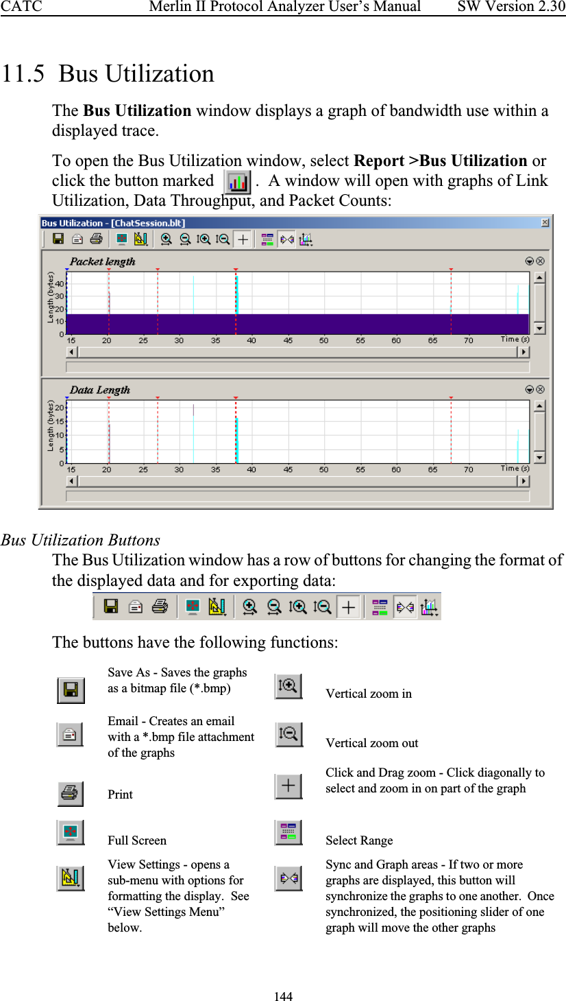 144 Merlin II Protocol Analyzer User’s ManualCATC SW Version 2.3011.5  Bus UtilizationThe Bus Utilization window displays a graph of bandwidth use within a displayed trace.  To open the Bus Utilization window, select Report &gt;Bus Utilization or click the button marked   .  A window will open with graphs of Link Utilization, Data Throughput, and Packet Counts:Bus Utilization ButtonsThe Bus Utilization window has a row of buttons for changing the format of the displayed data and for exporting data:The buttons have the following functions:Save As - Saves the graphs as a bitmap file (*.bmp) Vertical zoom inEmail - Creates an email with a *.bmp file attachment of the graphs Vertical zoom outPrintClick and Drag zoom - Click diagonally to select and zoom in on part of the graphFull Screen Select RangeView Settings - opens a sub-menu with options for formatting the display.  See “View Settings Menu” below.Sync and Graph areas - If two or more graphs are displayed, this button will synchronize the graphs to one another.  Once synchronized, the positioning slider of one graph will move the other graphs