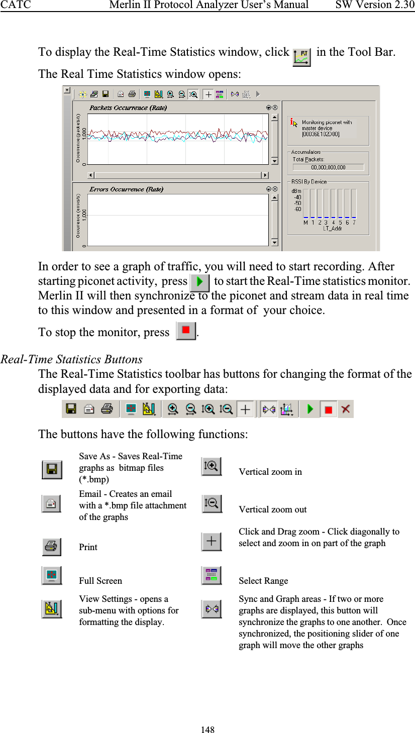148 Merlin II Protocol Analyzer User’s ManualCATC SW Version 2.30To display the Real-Time Statistics window, click   in the Tool Bar.The Real Time Statistics window opens:In order to see a graph of traffic, you will need to start recording. After starting piconet activity,  press    to start the Real-Time statistics monitor.  Merlin II will then synchronize to the piconet and stream data in real time to this window and presented in a format of  your choice.  To stop the monitor, press   .  Real-Time Statistics ButtonsThe Real-Time Statistics toolbar has buttons for changing the format of the displayed data and for exporting data:The buttons have the following functions:Save As - Saves Real-Time graphs as  bitmap files (*.bmp) Vertical zoom inEmail - Creates an email with a *.bmp file attachment of the graphs Vertical zoom outPrintClick and Drag zoom - Click diagonally to select and zoom in on part of the graphFull Screen Select RangeView Settings - opens a sub-menu with options for formatting the display.  Sync and Graph areas - If two or more graphs are displayed, this button will synchronize the graphs to one another.  Once synchronized, the positioning slider of one graph will move the other graphs
