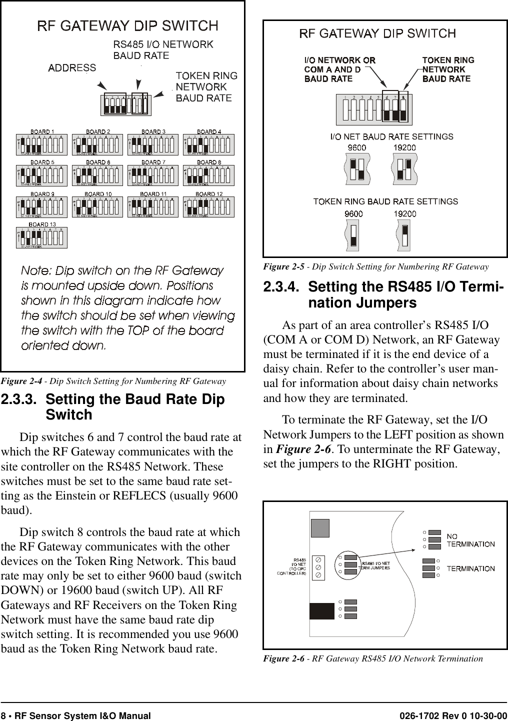 8 • RF Sensor System I&amp;O Manual 026-1702 Rev 0 10-30-002.3.3. Setting the Baud Rate Dip SwitchDip switches 6 and 7 control the baud rate at which the RF Gateway communicates with the site controller on the RS485 Network. These switches must be set to the same baud rate set-ting as the Einstein or REFLECS (usually 9600 baud).Dip switch 8 controls the baud rate at which the RF Gateway communicates with the other devices on the Token Ring Network. This baud rate may only be set to either 9600 baud (switch DOWN) or 19600 baud (switch UP). All RF Gateways and RF Receivers on the Token Ring Network must have the same baud rate dip switch setting. It is recommended you use 9600 baud as the Token Ring Network baud rate.2.3.4. Setting the RS485 I/O Termi-nation JumpersAs part of an area controller’s RS485 I/O (COM A or COM D) Network, an RF Gateway must be terminated if it is the end device of a daisy chain. Refer to the controller’s user man-ual for information about daisy chain networks and how they are terminated.To terminate the RF Gateway, set the I/O Network Jumpers to the LEFT position as shown in Figure 2-6. To unterminate the RF Gateway, set the jumpers to the RIGHT position.Figure 2-4 - Dip Switch Setting for Numbering RF GatewayFigure 2-5 - Dip Switch Setting for Numbering RF GatewayFigure 2-6 - RF Gateway RS485 I/O Network Termination