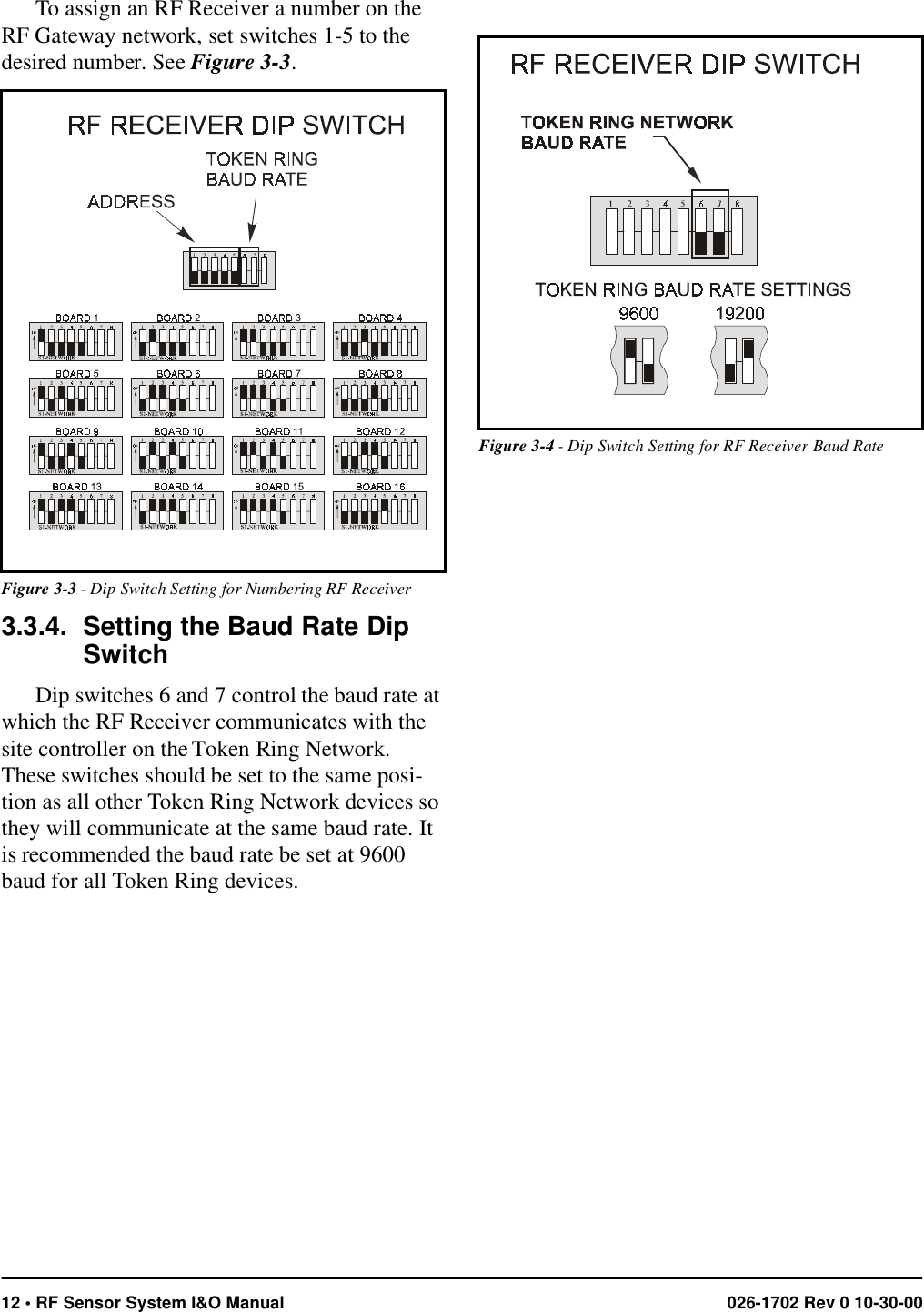 12 • RF Sensor System I&amp;O Manual 026-1702 Rev 0 10-30-00To assign an RF Receiver a number on the RF Gateway network, set switches 1-5 to the desired number. See Figure 3-3.3.3.4. Setting the Baud Rate Dip SwitchDip switches 6 and 7 control the baud rate at which the RF Receiver communicates with the site controller on the Token Ring Network. These switches should be set to the same posi-tion as all other Token Ring Network devices so they will communicate at the same baud rate. It is recommended the baud rate be set at 9600 baud for all Token Ring devices.Figure 3-3 - Dip Switch Setting for Numbering RF ReceiverFigure 3-4 - Dip Switch Setting for RF Receiver Baud Rate