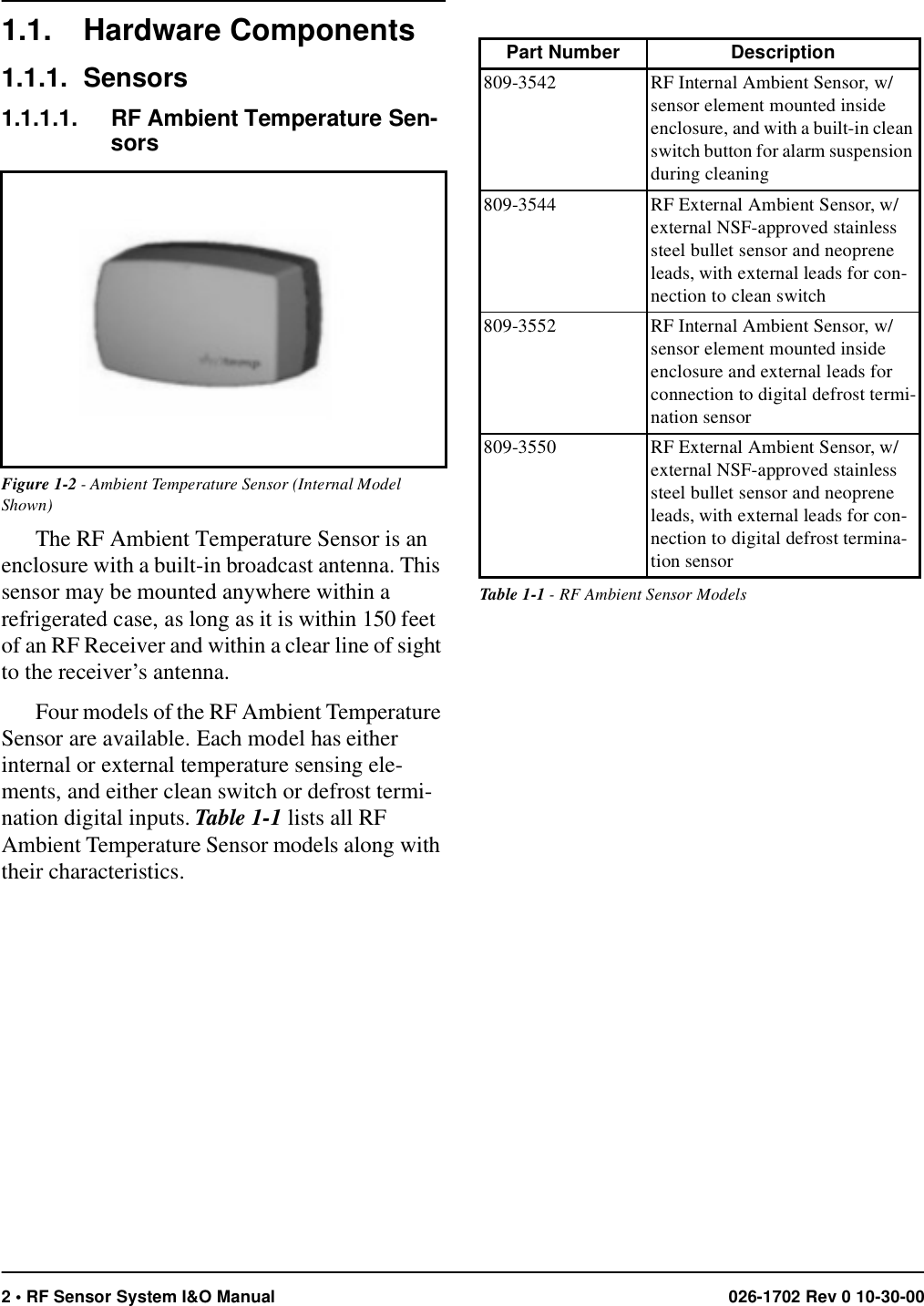 2 • RF Sensor System I&amp;O Manual 026-1702 Rev 0 10-30-001.1. Hardware Components1.1.1. Sensors1.1.1.1. RF Ambient Temperature Sen-sorsThe RF Ambient Temperature Sensor is an enclosure with a built-in broadcast antenna. This sensor may be mounted anywhere within a refrigerated case, as long as it is within 150 feet of an RF Receiver and within a clear line of sight to the receiver’s antenna.Four models of the RF Ambient Temperature Sensor are available. Each model has either internal or external temperature sensing ele-ments, and either clean switch or defrost termi-nation digital inputs. Table 1-1 lists all RF Ambient Temperature Sensor models along with their characteristics.Figure 1-2 - Ambient Temperature Sensor (Internal Model Shown)Part Number Description809-3542 RF Internal Ambient Sensor, w/ sensor element mounted inside enclosure, and with a built-in clean switch button for alarm suspension during cleaning809-3544 RF External Ambient Sensor, w/ external NSF-approved stainless steel bullet sensor and neoprene leads, with external leads for con-nection to clean switch809-3552 RF Internal Ambient Sensor, w/ sensor element mounted inside enclosure and external leads for connection to digital defrost termi-nation sensor809-3550 RF External Ambient Sensor, w/ external NSF-approved stainless steel bullet sensor and neoprene leads, with external leads for con-nection to digital defrost termina-tion sensorTable 1-1 - RF Ambient Sensor Models