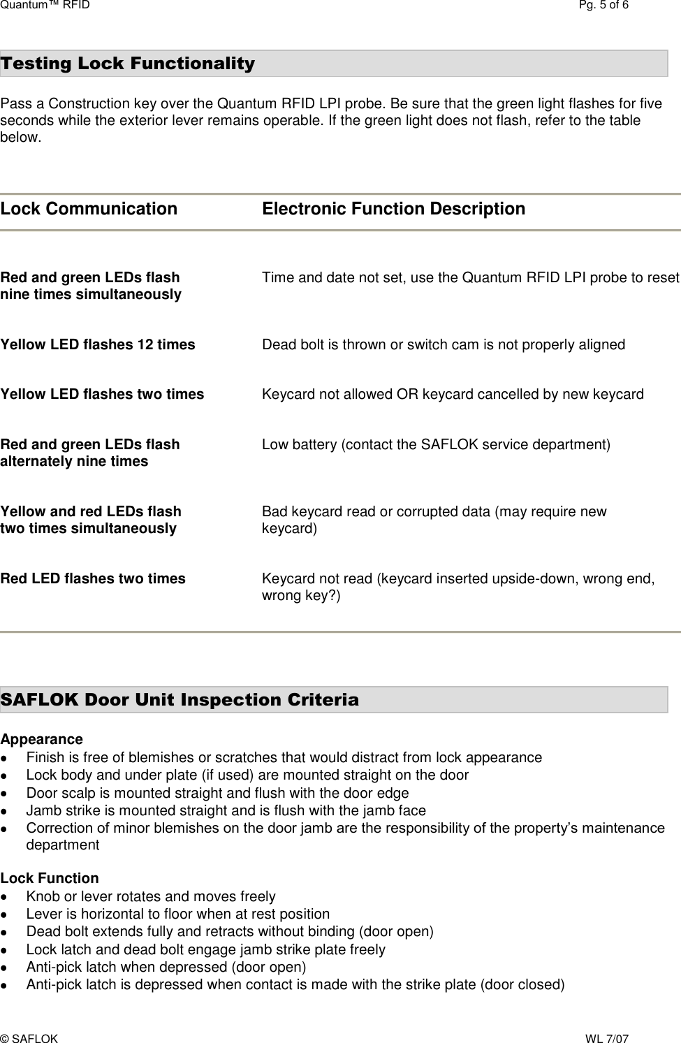 Quantum™ RFID  Pg. 5 of 6 © SAFLOK    WL 7/07 Testing Lock Functionality  Pass a Construction key over the Quantum RFID LPI probe. Be sure that the green light flashes for five seconds while the exterior lever remains operable. If the green light does not flash, refer to the table below.    Lock Communication    Electronic Function Description    Red and green LEDs flash     Time and date not set, use the Quantum RFID LPI probe to reset  nine times simultaneously       Yellow LED flashes 12 times    Dead bolt is thrown or switch cam is not properly aligned   Yellow LED flashes two times   Keycard not allowed OR keycard cancelled by new keycard   Red and green LEDs flash    Low battery (contact the SAFLOK service department) alternately nine times   Yellow and red LEDs flash     Bad keycard read or corrupted data (may require new  two times simultaneously    keycard)   Red LED flashes two times  Keycard not read (keycard inserted upside-down, wrong end, wrong key?)     SAFLOK Door Unit Inspection Criteria  Appearance   Finish is free of blemishes or scratches that would distract from lock appearance   Lock body and under plate (if used) are mounted straight on the door   Door scalp is mounted straight and flush with the door edge   Jamb strike is mounted straight and is flush with the jamb face  Correction of minor blemishes on the door jamb are the responsibility of the property’s maintenance department  Lock Function   Knob or lever rotates and moves freely   Lever is horizontal to floor when at rest position   Dead bolt extends fully and retracts without binding (door open)   Lock latch and dead bolt engage jamb strike plate freely   Anti-pick latch when depressed (door open)   Anti-pick latch is depressed when contact is made with the strike plate (door closed) 