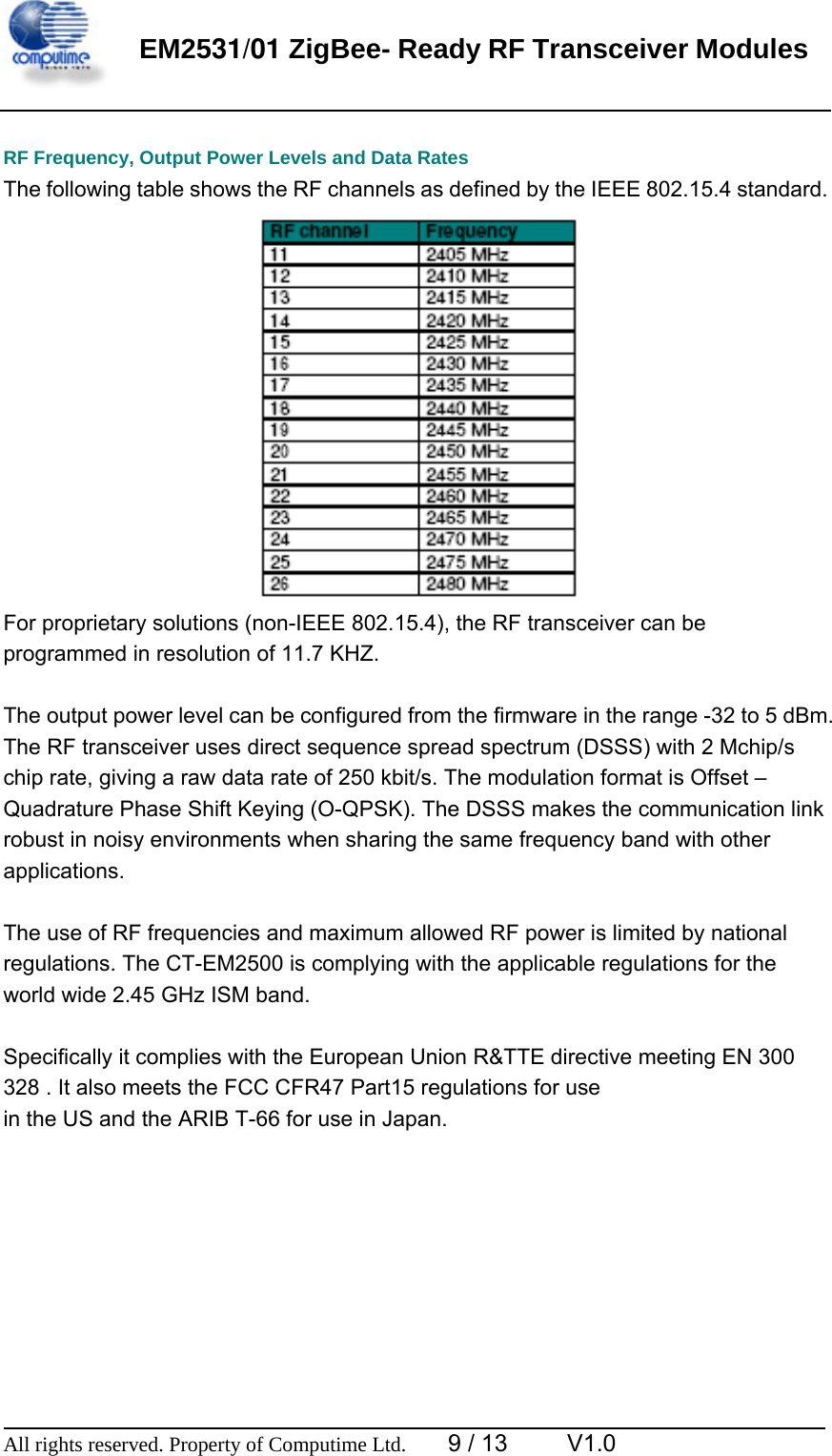    EM2531/01 ZigBee- Ready RF Transceiver Modules   RF Frequency, Output Power Levels and Data Rates The following table shows the RF channels as defined by the IEEE 802.15.4 standard.    For proprietary solutions (non-IEEE 802.15.4), the RF transceiver can be programmed in resolution of 11.7 KHZ.  The output power level can be configured from the firmware in the range -32 to 5 dBm. The RF transceiver uses direct sequence spread spectrum (DSSS) with 2 Mchip/s chip rate, giving a raw data rate of 250 kbit/s. The modulation format is Offset – Quadrature Phase Shift Keying (O-QPSK). The DSSS makes the communication link robust in noisy environments when sharing the same frequency band with other applications.  The use of RF frequencies and maximum allowed RF power is limited by national regulations. The CT-EM2500 is complying with the applicable regulations for the world wide 2.45 GHz ISM band.  Specifically it complies with the European Union R&amp;TTE directive meeting EN 300 328 . It also meets the FCC CFR47 Part15 regulations for use in the US and the ARIB T-66 for use in Japan.                                                                               All rights reserved. Property of Computime Ltd.        9 / 13     V1.0  