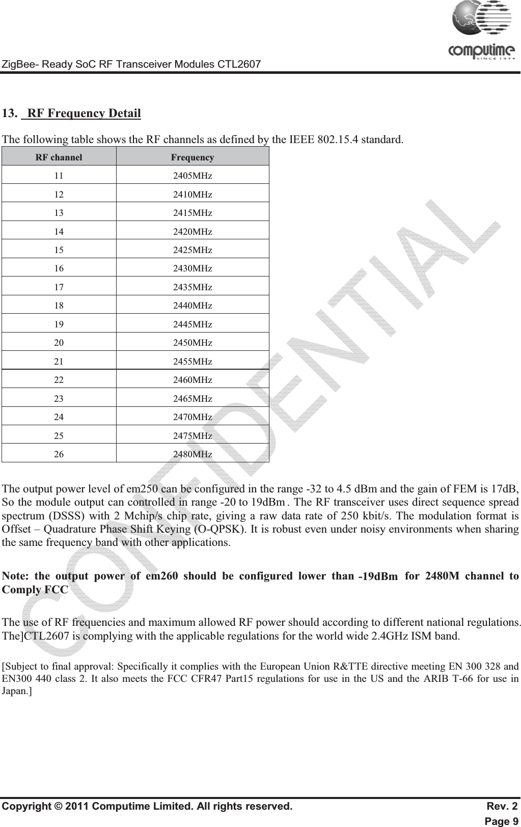 ZigBee- Ready SoC RF Transceiver Modules CTL2607 Copyright © 2011 Computime Limited. All rights reserved.                                                       Rev. 2 Page 9 13.   RF Frequency DetailThe following table shows the RF channels as defined by the IEEE 802.15.4 standard. RF channel  Frequency 11 2405MHz 12 2410MHz 13 2415MHz 14 2420MHz 15 2425MHz 16 2430MHz 17 2435MHz 18 2440MHz 19 2445MHz 20 2450MHz 21 2455MHz 22 2460MHz 23 2465MHz 24 2470MHz 25 2475MHz 26 2480MHz The output power level of em250 can be configured in the range -32 to 4.5 dBm and the gain of FEM is 17dB, So the module output can controlled in range -15 to 20dBm. The RF transceiver uses direct sequence spread spectrum (DSSS) with 2 Mchip/s chip rate, giving a raw data rate of 250 kbit/s. The modulation format is Offset – Quadrature Phase Shift Keying (O-QPSK). It is robust even under noisy environments when sharing the same frequency band with other applications. Note: the output power of em260 should be configured lower than -15dBm for 2480M channel to Comply FCC The use of RF frequencies and maximum allowed RF power should according to different national regulations. The]CTL2607 is complying with the applicable regulations for the world wide 2.4GHz ISM band. [Subject to final approval: Specifically it complies with the European Union R&amp;TTE directive meeting EN 300 328 and EN300 440 class 2. It also meets the FCC CFR47 Part15 regulations for use in the US and the ARIB T-66 for use in Japan.] -19dBm-20 to 19dBm