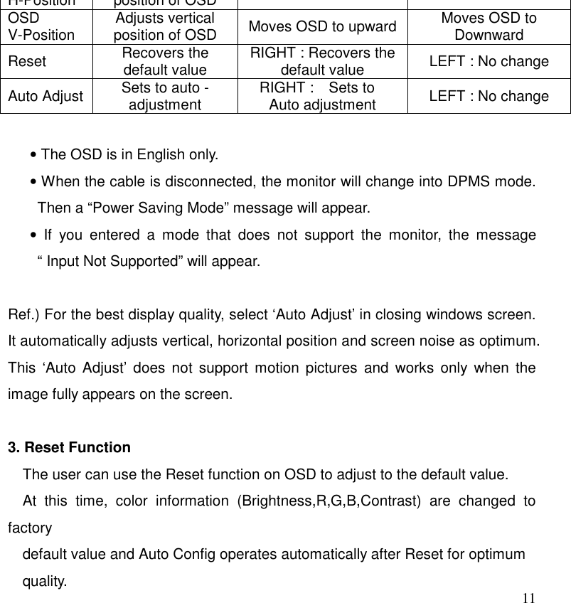  11 H-Position position of OSD gOSD  V-Position  Adjusts vertical position of OSD  Moves OSD to upward  Moves OSD to Downward Reset  Recovers the default value  RIGHT : Recovers the default value  LEFT : No change Auto Adjust  Sets to auto -adjustment  RIGHT :  Sets to Auto adjustment  LEFT : No change  • The OSD is in English only. • When the cable is disconnected, the monitor will change into DPMS mode. Then a “Power Saving Mode” message will appear.   • If you entered a mode that does not support the monitor, the message “ Input Not Supported” will appear.    Ref.) For the best display quality, select ‘Auto Adjust’ in closing windows screen.       It automatically adjusts vertical, horizontal position and screen noise as optimum. This ‘Auto Adjust’ does not support motion pictures and works only when the image fully appears on the screen.      3. Reset Function The user can use the Reset function on OSD to adjust to the default value.   At this time, color information (Brightness,R,G,B,Contrast) are changed to factory  default value and Auto Config operates automatically after Reset for optimum quality.  