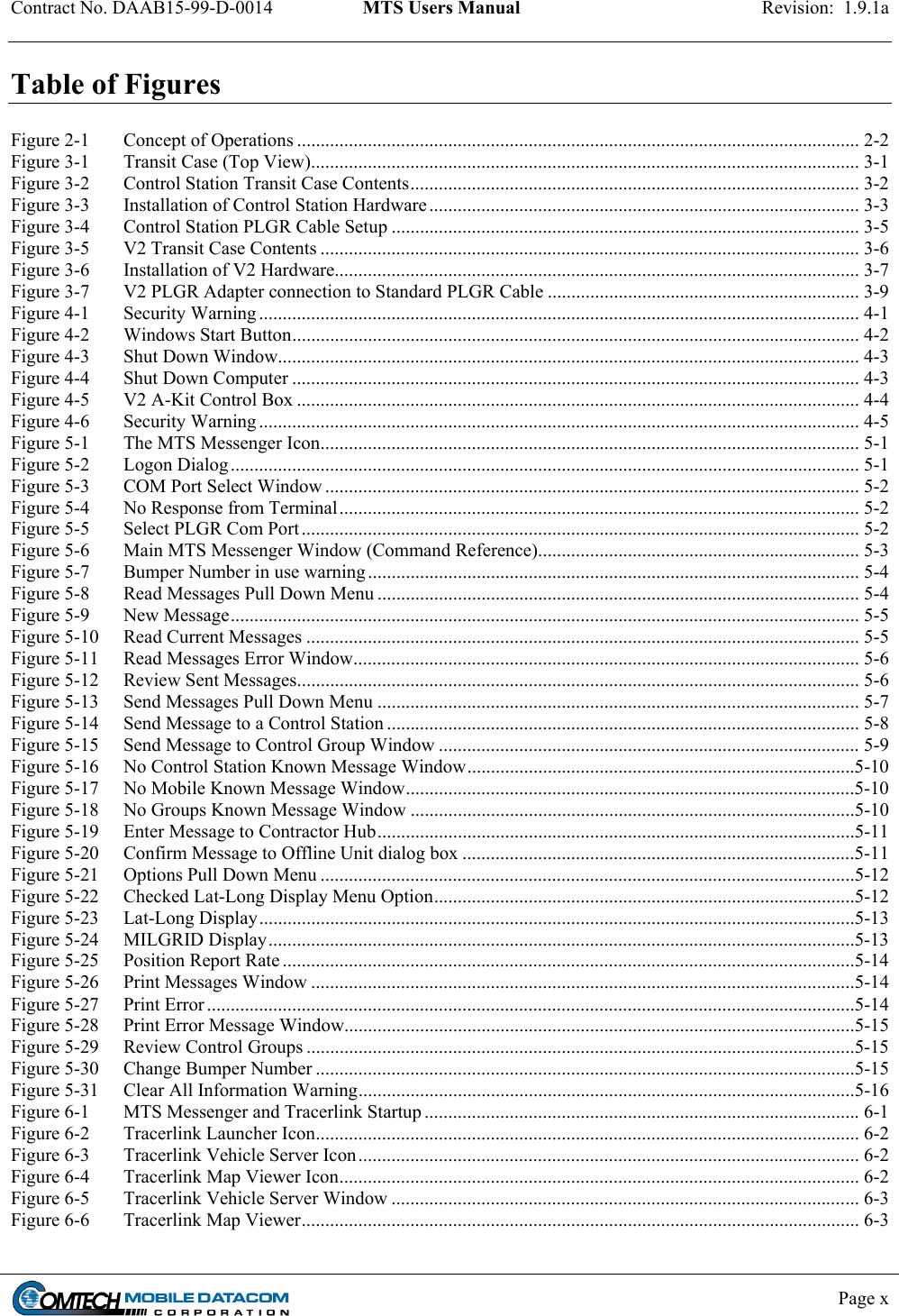 Contract No. DAAB15-99-D-0014  MTS Users Manual  Revision:  1.9.1a           Page x    Table of Figures  Figure 2-1 Concept of Operations ....................................................................................................................... 2-2 Figure 3-1 Transit Case (Top View).................................................................................................................... 3-1 Figure 3-2 Control Station Transit Case Contents............................................................................................... 3-2 Figure 3-3 Installation of Control Station Hardware........................................................................................... 3-3 Figure 3-4 Control Station PLGR Cable Setup ................................................................................................... 3-5 Figure 3-5 V2 Transit Case Contents .................................................................................................................. 3-6 Figure 3-6 Installation of V2 Hardware............................................................................................................... 3-7 Figure 3-7 V2 PLGR Adapter connection to Standard PLGR Cable .................................................................. 3-9 Figure 4-1 Security Warning ............................................................................................................................... 4-1 Figure 4-2 Windows Start Button........................................................................................................................ 4-2 Figure 4-3 Shut Down Window........................................................................................................................... 4-3 Figure 4-4 Shut Down Computer ........................................................................................................................ 4-3 Figure 4-5 V2 A-Kit Control Box ....................................................................................................................... 4-4 Figure 4-6 Security Warning ............................................................................................................................... 4-5 Figure 5-1 The MTS Messenger Icon.................................................................................................................. 5-1 Figure 5-2 Logon Dialog ..................................................................................................................................... 5-1 Figure 5-3 COM Port Select Window ................................................................................................................. 5-2 Figure 5-4 No Response from Terminal.............................................................................................................. 5-2 Figure 5-5 Select PLGR Com Port...................................................................................................................... 5-2 Figure 5-6 Main MTS Messenger Window (Command Reference).................................................................... 5-3 Figure 5-7 Bumper Number in use warning........................................................................................................ 5-4 Figure 5-8 Read Messages Pull Down Menu ...................................................................................................... 5-4 Figure 5-9 New Message..................................................................................................................................... 5-5 Figure 5-10 Read Current Messages ..................................................................................................................... 5-5 Figure 5-11 Read Messages Error Window........................................................................................................... 5-6 Figure 5-12 Review Sent Messages....................................................................................................................... 5-6 Figure 5-13 Send Messages Pull Down Menu ...................................................................................................... 5-7 Figure 5-14 Send Message to a Control Station .................................................................................................... 5-8 Figure 5-15 Send Message to Control Group Window ......................................................................................... 5-9 Figure 5-16 No Control Station Known Message Window..................................................................................5-10 Figure 5-17 No Mobile Known Message Window...............................................................................................5-10 Figure 5-18 No Groups Known Message Window ..............................................................................................5-10 Figure 5-19 Enter Message to Contractor Hub.....................................................................................................5-11 Figure 5-20 Confirm Message to Offline Unit dialog box ...................................................................................5-11 Figure 5-21 Options Pull Down Menu .................................................................................................................5-12 Figure 5-22 Checked Lat-Long Display Menu Option.........................................................................................5-12 Figure 5-23 Lat-Long Display..............................................................................................................................5-13 Figure 5-24 MILGRID Display............................................................................................................................5-13 Figure 5-25 Position Report Rate .........................................................................................................................5-14 Figure 5-26 Print Messages Window ...................................................................................................................5-14 Figure 5-27 Print Error .........................................................................................................................................5-14 Figure 5-28 Print Error Message Window............................................................................................................5-15 Figure 5-29 Review Control Groups ....................................................................................................................5-15 Figure 5-30 Change Bumper Number ..................................................................................................................5-15 Figure 5-31 Clear All Information Warning.........................................................................................................5-16 Figure 6-1 MTS Messenger and Tracerlink Startup ............................................................................................6-1 Figure 6-2 Tracerlink Launcher Icon................................................................................................................... 6-2 Figure 6-3 Tracerlink Vehicle Server Icon.......................................................................................................... 6-2 Figure 6-4 Tracerlink Map Viewer Icon.............................................................................................................. 6-2 Figure 6-5 Tracerlink Vehicle Server Window ................................................................................................... 6-3 Figure 6-6 Tracerlink Map Viewer...................................................................................................................... 6-3 