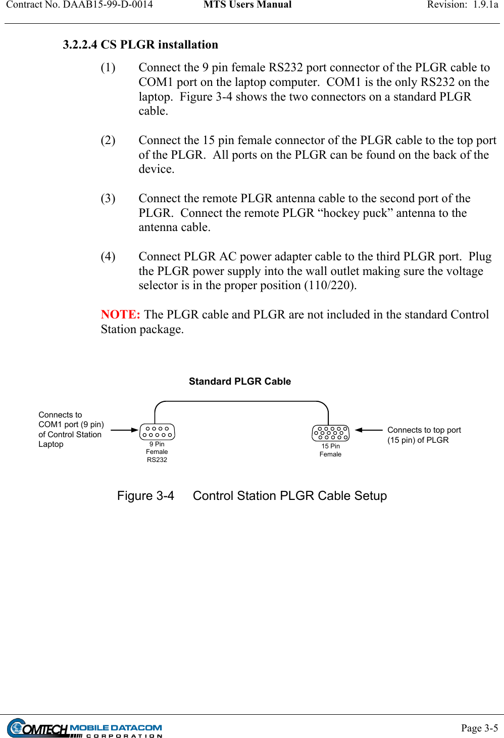 Contract No. DAAB15-99-D-0014  MTS Users Manual  Revision:  1.9.1a           Page 3-5    3.2.2.4 CS PLGR installation  (1)  Connect the 9 pin female RS232 port connector of the PLGR cable to COM1 port on the laptop computer.  COM1 is the only RS232 on the laptop.  Figure 3-4 shows the two connectors on a standard PLGR cable.    (2)  Connect the 15 pin female connector of the PLGR cable to the top port of the PLGR.  All ports on the PLGR can be found on the back of the device.  (3)  Connect the remote PLGR antenna cable to the second port of the PLGR.  Connect the remote PLGR “hockey puck” antenna to the antenna cable.  (4)  Connect PLGR AC power adapter cable to the third PLGR port.  Plug the PLGR power supply into the wall outlet making sure the voltage selector is in the proper position (110/220).  NOTE: The PLGR cable and PLGR are not included in the standard Control Station package.   15 PinFemale9 PinFemaleRS232Standard PLGR CableConnects toCOM1 port (9 pin)of Control StationLaptopConnects to top port(15 pin) of PLGR Figure 3-4  Control Station PLGR Cable Setup  