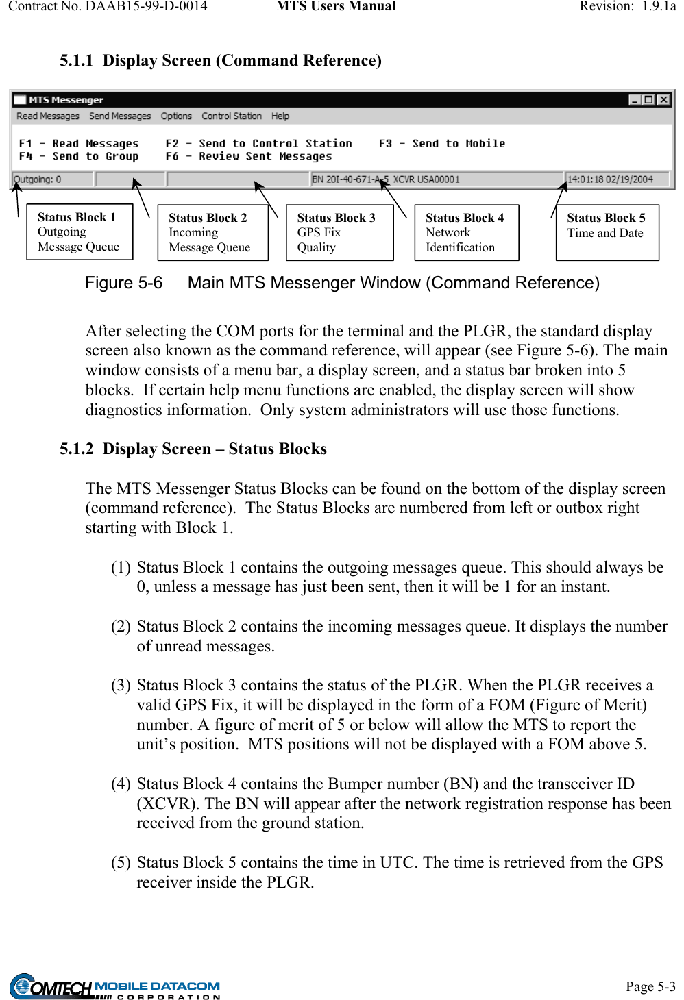 Contract No. DAAB15-99-D-0014  MTS Users Manual  Revision:  1.9.1a         5.1.1  Display Screen (Command Reference)    Status Block 3GPS Fix Status Block 1 Outgoing Message Queue Status Block 2 Incoming Message Queue Status Block 4Network Identification  Status Block 5Time and Date  Quality Figure 5-6  Main MTS Messenger Window (Command Reference)  After selecting the COM ports for the terminal and the PLGR, the standard display screen also known as the command reference, will appear (see Figure 5-6). The main window consists of a menu bar, a display screen, and a status bar broken into 5 blocks.  If certain help menu functions are enabled, the display screen will show diagnostics information.  Only system administrators will use those functions.  5.1.2  Display Screen – Status Blocks  The MTS Messenger Status Blocks can be found on the bottom of the display screen (command reference).  The Status Blocks are numbered from left or outbox right starting with Block 1.   (1) Status Block 1 contains the outgoing messages queue. This should always be 0, unless a message has just been sent, then it will be 1 for an instant.  (2) Status Block 2 contains the incoming messages queue. It displays the number of unread messages.    (3) Status Block 3 contains the status of the PLGR. When the PLGR receives a valid GPS Fix, it will be displayed in the form of a FOM (Figure of Merit) number. A figure of merit of 5 or below will allow the MTS to report the unit’s position.  MTS positions will not be displayed with a FOM above 5.  (4) Status Block 4 contains the Bumper number (BN) and the transceiver ID (XCVR). The BN will appear after the network registration response has been received from the ground station.   (5) Status Block 5 contains the time in UTC. The time is retrieved from the GPS receiver inside the PLGR.      Page 5-3    