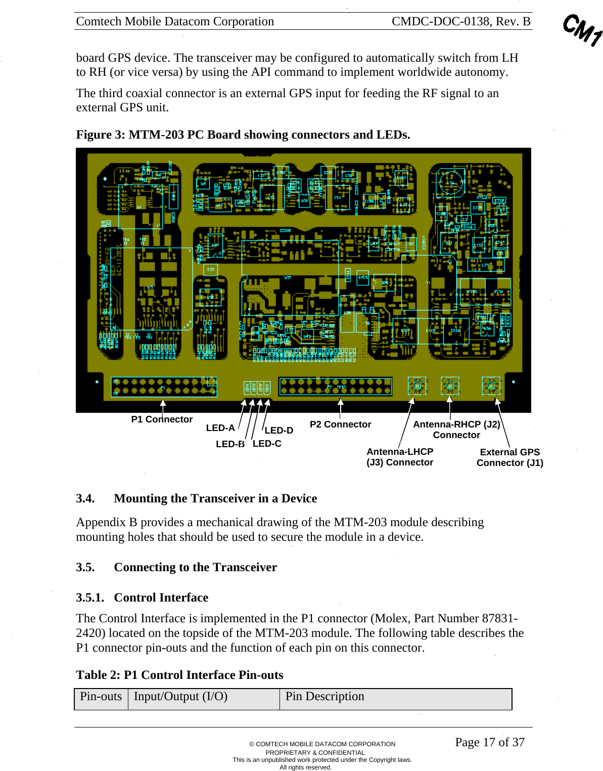 Comtech Mobile Datacom Corporation    CMDC-DOC-0138, Rev. B       &copy; COMTECH MOBILE DATACOM CORPORATION    Page 17 of 37 PROPRIETARY &amp; CONFIDENTIAL This is an unpublished work protected under the Copyright laws. All rights reserved. board GPS device. The transceiver may be configured to automatically switch from LH to RH (or vice versa) by using the API command to implement worldwide autonomy. The third coaxial connector is an external GPS input for feeding the RF signal to an external GPS unit. Figure 3: MTM-203 PC Board showing connectors and LEDs.      3.4. Mounting the Transceiver in a Device Appendix B provides a mechanical drawing of the MTM-203 module describing mounting holes that should be used to secure the module in a device. 3.5. Connecting to the Transceiver 3.5.1. Control Interface The Control Interface is implemented in the P1 connector (Molex, Part Number 87831-2420) located on the topside of the MTM-203 module. The following table describes the P1 connector pin-outs and the function of each pin on this connector.  Table 2: P1 Control Interface Pin-outs Pin-outs  Input/Output (I/O)  Pin Description LED-D   P2 Connector External GPS Connector (J1) Antenna-RHCP (J2) Connector Antenna-LHCP (J3) Connector LED-C LED-B P1 Connector LED-A  