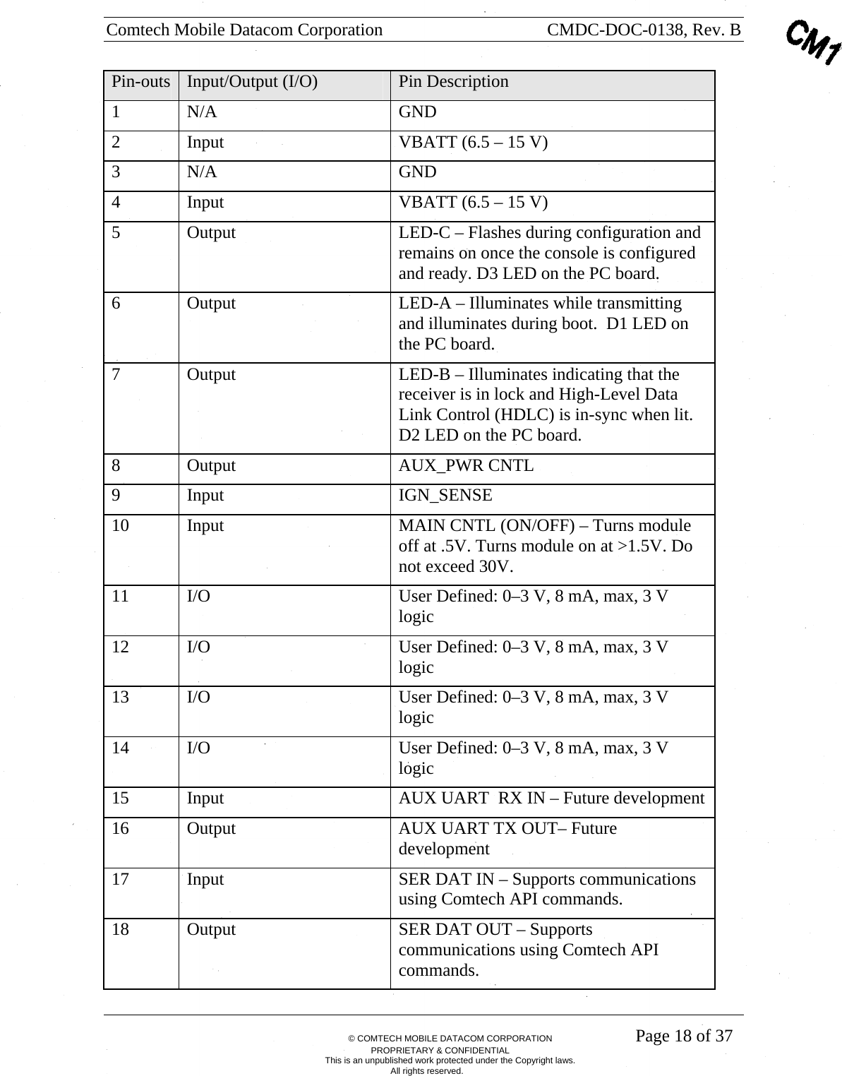 Comtech Mobile Datacom Corporation    CMDC-DOC-0138, Rev. B       &copy; COMTECH MOBILE DATACOM CORPORATION    Page 18 of 37 PROPRIETARY &amp; CONFIDENTIAL This is an unpublished work protected under the Copyright laws. All rights reserved. Pin-outs  Input/Output (I/O)  Pin Description 1 N/A  GND 2  Input  VBATT (6.5 &ndash; 15 V) 3 N/A  GND 4  Input  VBATT (6.5 &ndash; 15 V) 5  Output  LED-C &ndash; Flashes during configuration and remains on once the console is configured and ready. D3 LED on the PC board. 6  Output  LED-A &ndash; Illuminates while transmitting and illuminates during boot.  D1 LED on the PC board. 7  Output  LED-B &ndash; Illuminates indicating that the receiver is in lock and High-Level Data Link Control (HDLC) is in-sync when lit. D2 LED on the PC board. 8 Output  AUX_PWR CNTL 9 Input  IGN_SENSE 10  Input  MAIN CNTL (ON/OFF) &ndash; Turns module off at .5V. Turns module on at >1.5V. Do not exceed 30V. 11 I/O  User Defined: 0&ndash;3 V, 8 mA, max, 3 V logic  12 I/O  User Defined: 0&ndash;3 V, 8 mA, max, 3 V logic 13 I/O  User Defined: 0&ndash;3 V, 8 mA, max, 3 V logic 14 I/O  User Defined: 0&ndash;3 V, 8 mA, max, 3 V logic 15  Input  AUX UART  RX IN &ndash; Future development 16  Output  AUX UART TX OUT&ndash; Future development 17  Input  SER DAT IN &ndash; Supports communications using Comtech API commands. 18  Output  SER DAT OUT &ndash; Supports communications using Comtech API commands. 