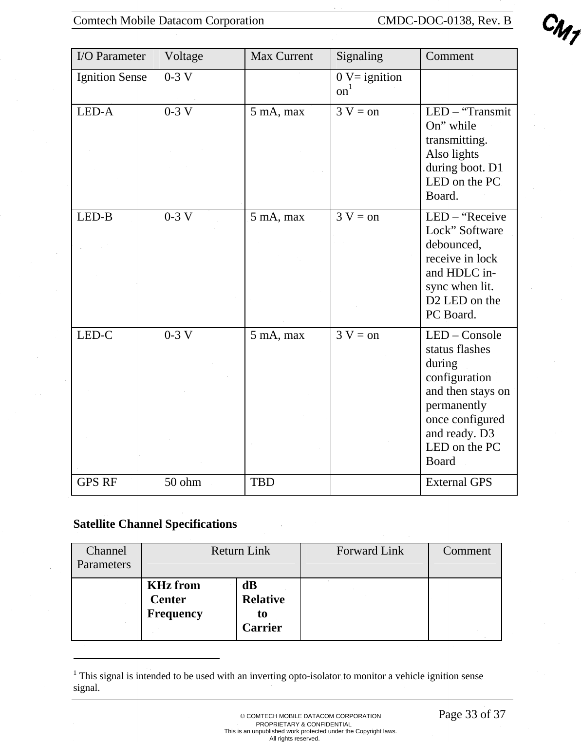 Comtech Mobile Datacom Corporation    CMDC-DOC-0138, Rev. B       &copy; COMTECH MOBILE DATACOM CORPORATION    Page 33 of 37 PROPRIETARY &amp; CONFIDENTIAL This is an unpublished work protected under the Copyright laws. All rights reserved. I/O Parameter  Voltage  Max Current  Signaling  Comment Ignition Sense  0-3 V    0 V= ignition on1  LED-A  0-3 V  5 mA, max  3 V = on  LED &ndash; &ldquo;Transmit On&rdquo; while transmitting. Also lights during boot. D1 LED on the PC Board. LED-B  0-3 V  5 mA, max  3 V = on  LED &ndash; &ldquo;Receive Lock&rdquo; Software debounced, receive in lock and HDLC in-sync when lit. D2 LED on the PC Board. LED-C  0-3 V  5 mA, max  3 V = on  LED &ndash; Console status flashes during configuration and then stays on permanently once configured and ready. D3 LED on the PC Board GPS RF  50 ohm  TBD     External GPS  Satellite Channel Specifications    Channel Parameters                       Return Link                Forward Link     Comment  KHz from  Center Frequency dB Relative       to  Carrier                                                    1 This signal is intended to be used with an inverting opto-isolator to monitor a vehicle ignition sense signal. 