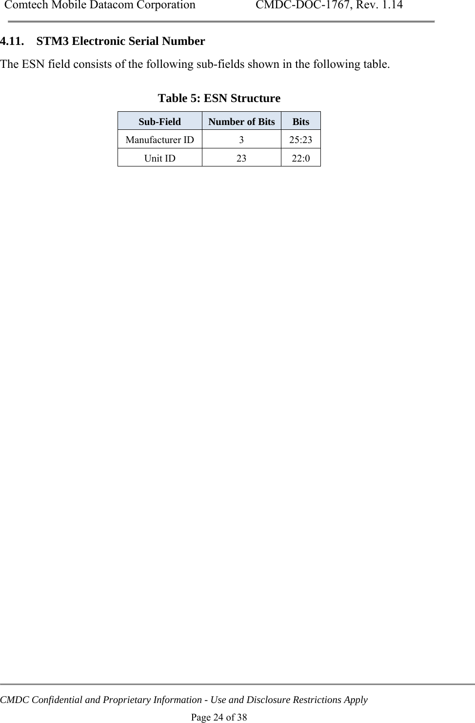 Comtech Mobile Datacom Corporation    CMDC-DOC-1767, Rev. 1.14   CMDC Confidential and Proprietary Information - Use and Disclosure Restrictions Apply Page 24 of 38 4.11. STM3 Electronic Serial Number The ESN field consists of the following sub-fields shown in the following table.   Table 5: ESN Structure Sub-Field  Number of Bits  Bits Manufacturer ID  3  25:23 Unit ID  23  22:0  