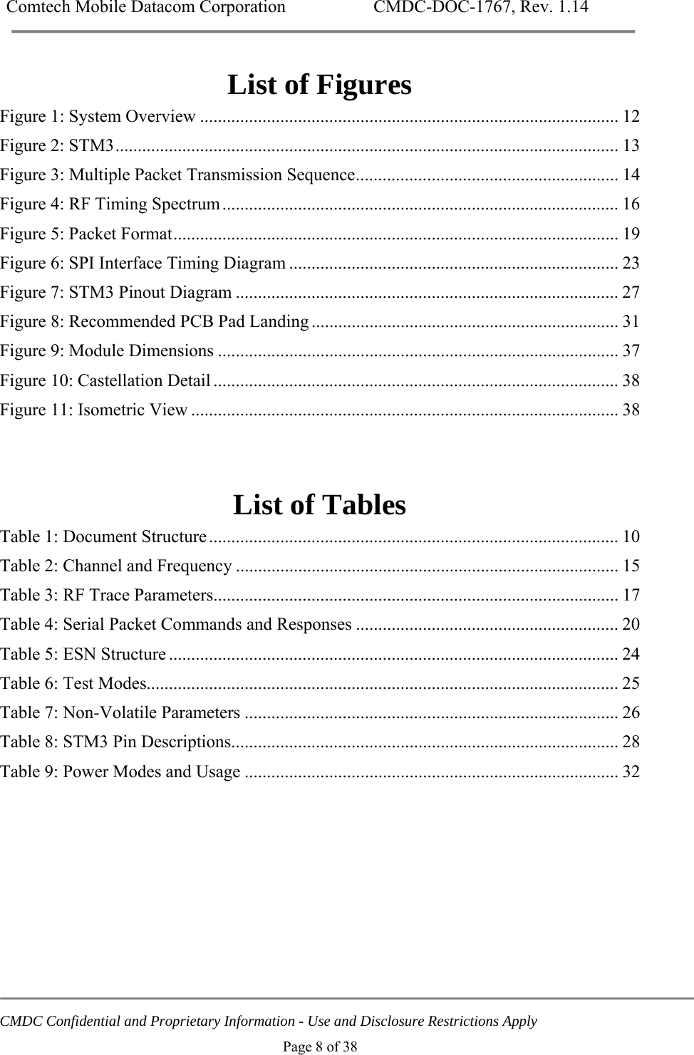 Comtech Mobile Datacom Corporation    CMDC-DOC-1767, Rev. 1.14   CMDC Confidential and Proprietary Information - Use and Disclosure Restrictions Apply Page 8 of 38 List of Figures Figure 1: System Overview .............................................................................................. 12Figure 2: STM3 ................................................................................................................. 13Figure 3: Multiple Packet Transmission Sequence ........................................................... 14Figure 4: RF Timing Spectrum ......................................................................................... 16Figure 5: Packet Format .................................................................................................... 19Figure 6: SPI Interface Timing Diagram .......................................................................... 23Figure 7: STM3 Pinout Diagram ...................................................................................... 27Figure 8: Recommended PCB Pad Landing ..................................................................... 31Figure 9: Module Dimensions .......................................................................................... 37Figure 10: Castellation Detail ........................................................................................... 38Figure 11: Isometric View ................................................................................................ 38  List of Tables Table 1: Document Structure ............................................................................................ 10Table 2: Channel and Frequency ...................................................................................... 15Table 3: RF Trace Parameters........................................................................................... 17Table 4: Serial Packet Commands and Responses ........................................................... 20Table 5: ESN Structure ..................................................................................................... 24Table 6: Test Modes.......................................................................................................... 25Table 7: Non-Volatile Parameters .................................................................................... 26Table 8: STM3 Pin Descriptions....................................................................................... 28Table 9: Power Modes and Usage .................................................................................... 32 