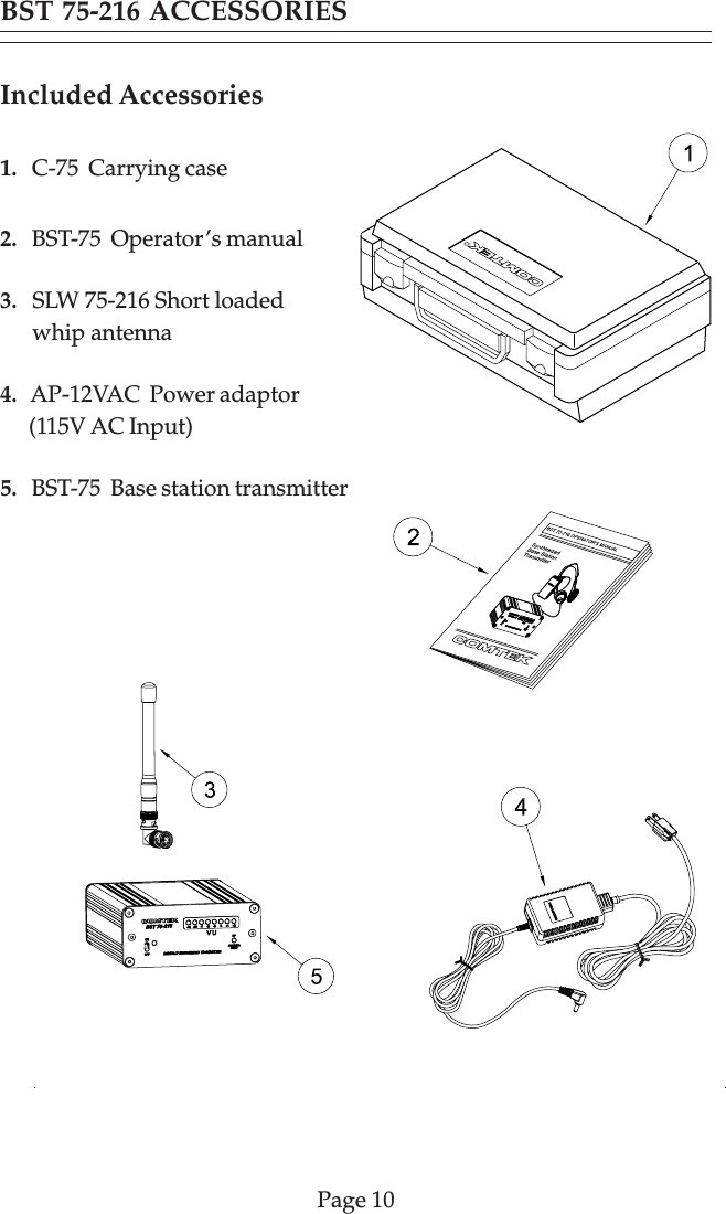 Page 10BST 75-216 ACCESSORIESIncluded Accessories1.   C-75  Carrying case2.   BST-75  Operator’s manual3.   SLW 75-216 Short loaded      whip antenna4.   AP-12VAC  Power adaptor      (115V AC Input)5.   BST-75  Base station transmitter