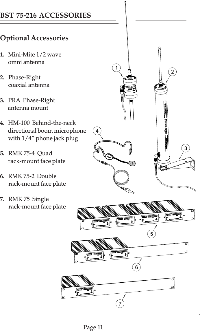 BST 75-216 ACCESSORIESPage 11Optional Accessories1.   Mini-Mite 1/2 wave      omni antenna2.   Phase-Right      coaxial antenna3.   PRA  Phase-Right      antenna mount4.   HM-100  Behind-the-neck       directional boom microphone      with 1/4” phone jack plug5.   RMK 75-4  Quad       rack-mount face plate6.   RMK 75-2  Double       rack-mount face plate7.   RMK 75  Single       rack-mount face plate