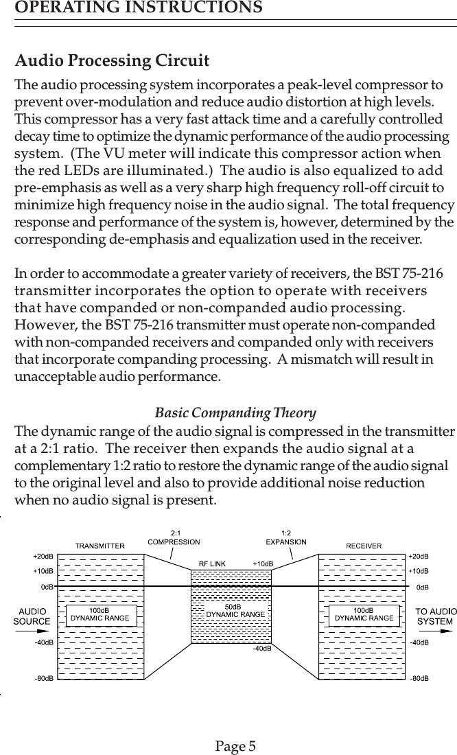 OPERATING INSTRUCTIONSAudio Processing CircuitThe audio processing system incorporates a peak-level compressor toprevent over-modulation and reduce audio distortion at high levels.This compressor has a very fast attack time and a carefully controlleddecay time to optimize the dynamic performance of the audio processingsystem.  (The VU meter will indicate this compressor action whenthe red LEDs are illuminated.)  The audio is also equalized to addpre-emphasis as well as a very sharp high frequency roll-off circuit tominimize high frequency noise in the audio signal.  The total frequencyresponse and performance of the system is, however, determined by thecorresponding de-emphasis and equalization used in the receiver.In order to accommodate a greater variety of receivers, the BST 75-216transmitter incorporates the option to operate with receiversthat have companded or non-companded audio processing.However, the BST 75-216 transmitter must operate non-compandedwith non-companded receivers and companded only with receiversthat incorporate companding processing.  A mismatch will result inunacceptable audio performance.Basic Companding TheoryThe dynamic range of the audio signal is compressed in the transmitterat a 2:1 ratio.  The receiver then expands the audio signal at acomplementary 1:2 ratio to restore the dynamic range of the audio signalto the original level and also to provide additional noise reductionwhen no audio signal is present.Page 5