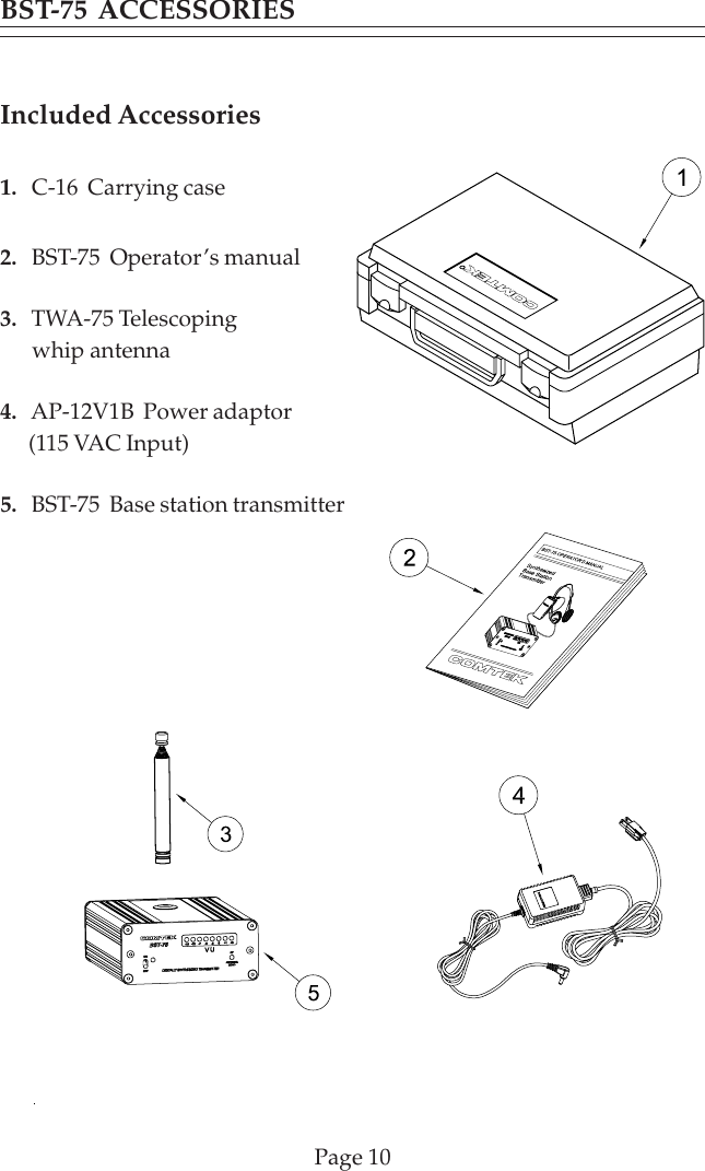 Page 10Included Accessories1.   C-16  Carrying case2.   BST-75  Operator’s manual3.   TWA-75 Telescoping      whip antenna4.   AP-12V1B  Power adaptor      (115 VAC Input)5.   BST-75  Base station transmitterBST-75 ACCESSORIES