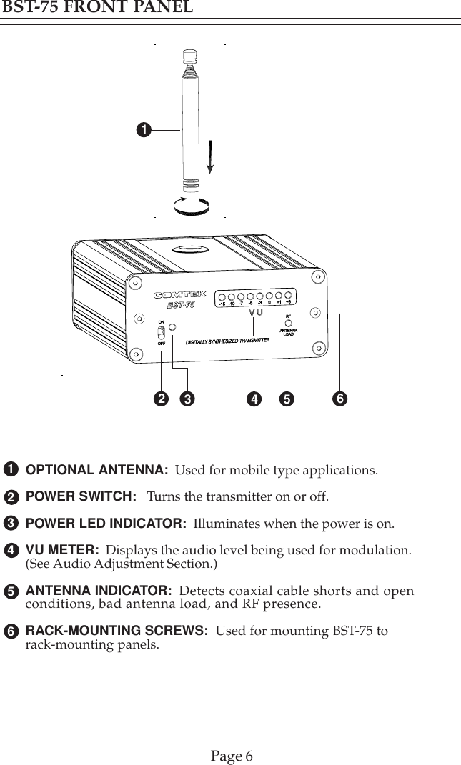 OPTIONAL ANTENNA:  Used for mobile type applications.POWER SWITCH:   Turns the transmitter on or off.POWER LED INDICATOR:  Illuminates when the power is on.VU METER:  Displays the audio level being used for modulation.(See Audio Adjustment Section.)ANTENNA INDICATOR:  Detects coaxial cable shorts and openconditions, bad antenna load, and RF presence.RACK-MOUNTING SCREWS:  Used for mounting BST-75 torack-mounting panels.BST-75 FRONT PANELPage 643213 542 6516